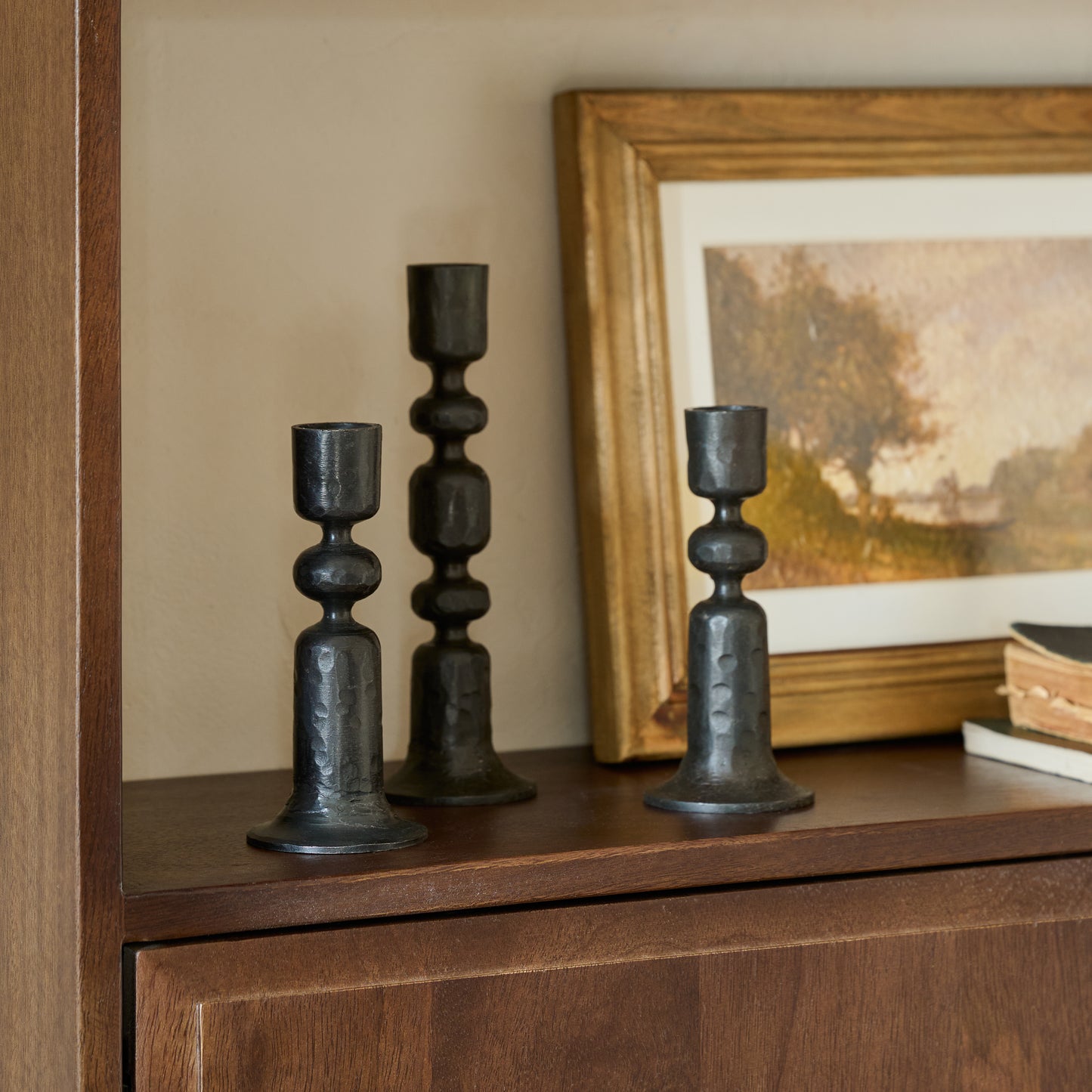 Lyle Iron Taper Holders shown styled on dresser