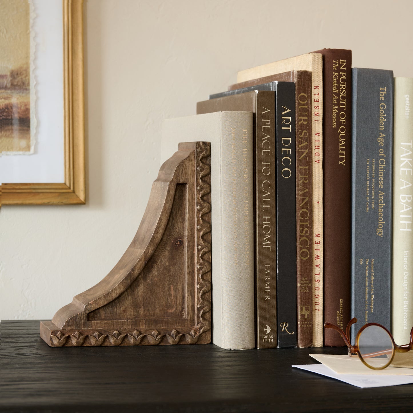 Warren Hand Carved Wood Bookends shown with books