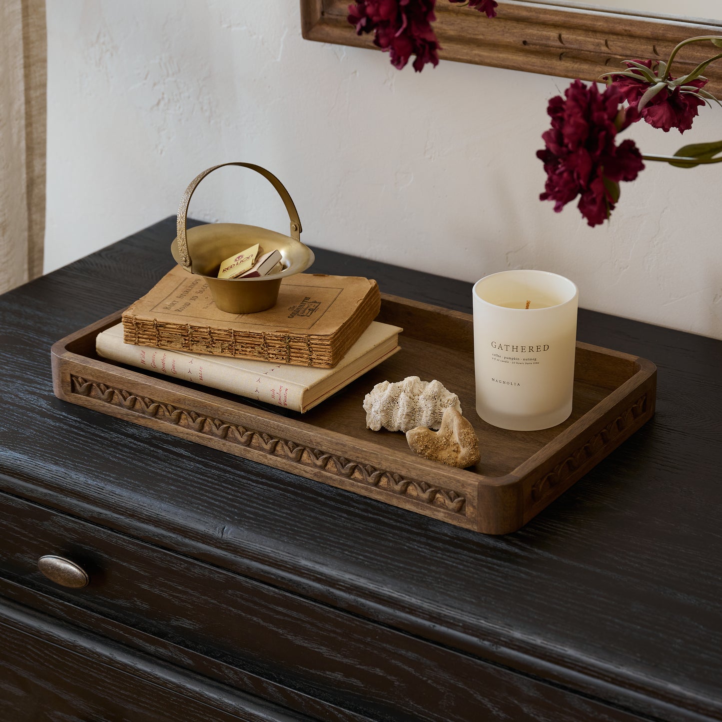 Warren Carved Wood Tray shown styled