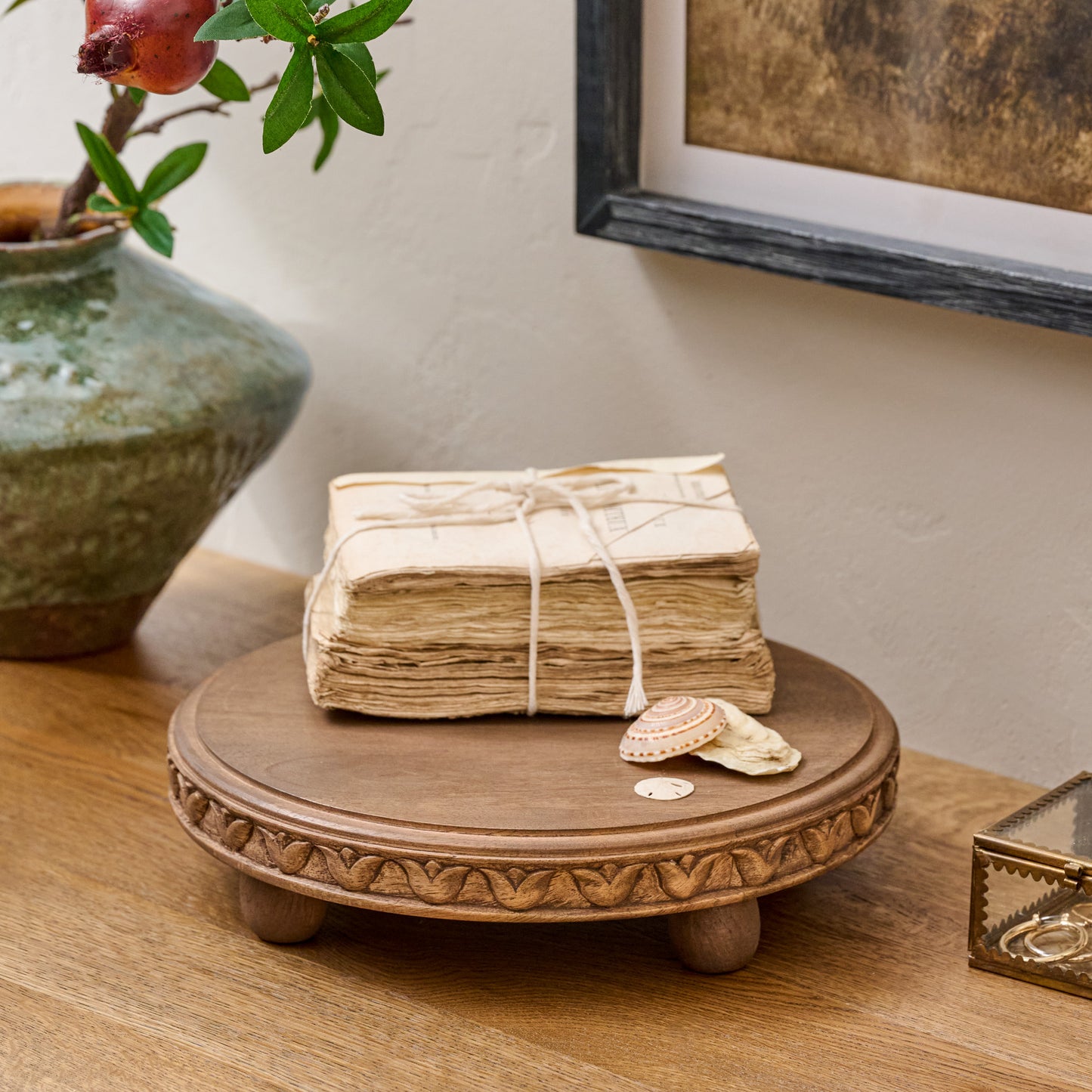 Warren Carved Wood Riser shown styled