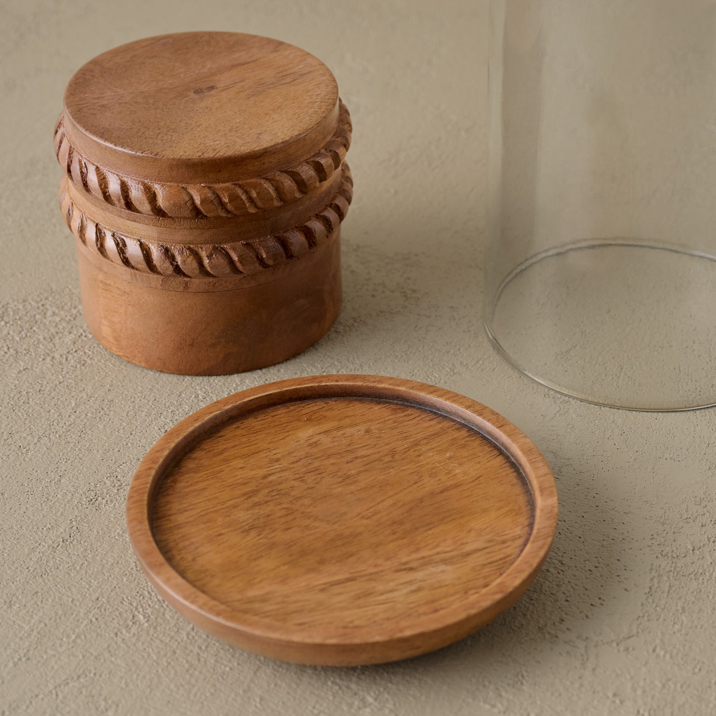 Glass Cloche with Wood Base and riser up close