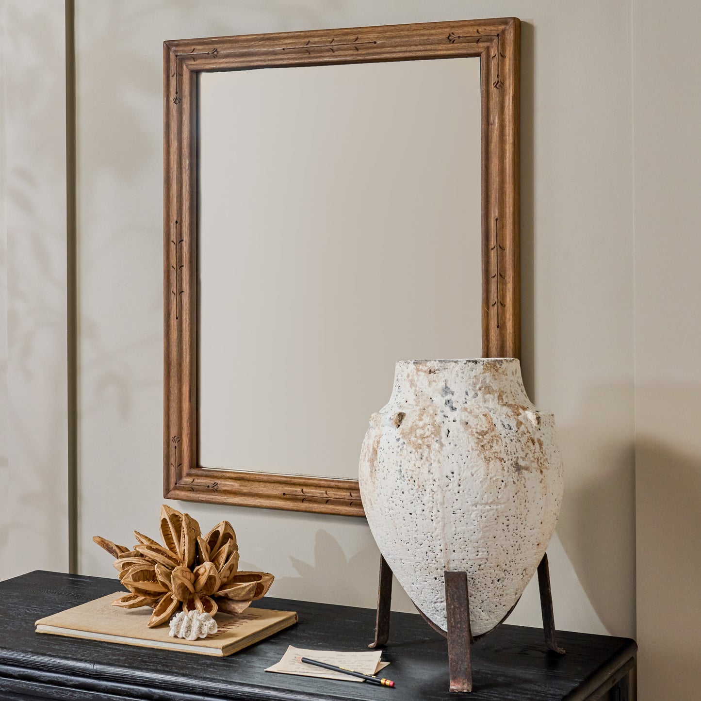 Tulip Etched Wood Framed Mirror shown hung above dreser