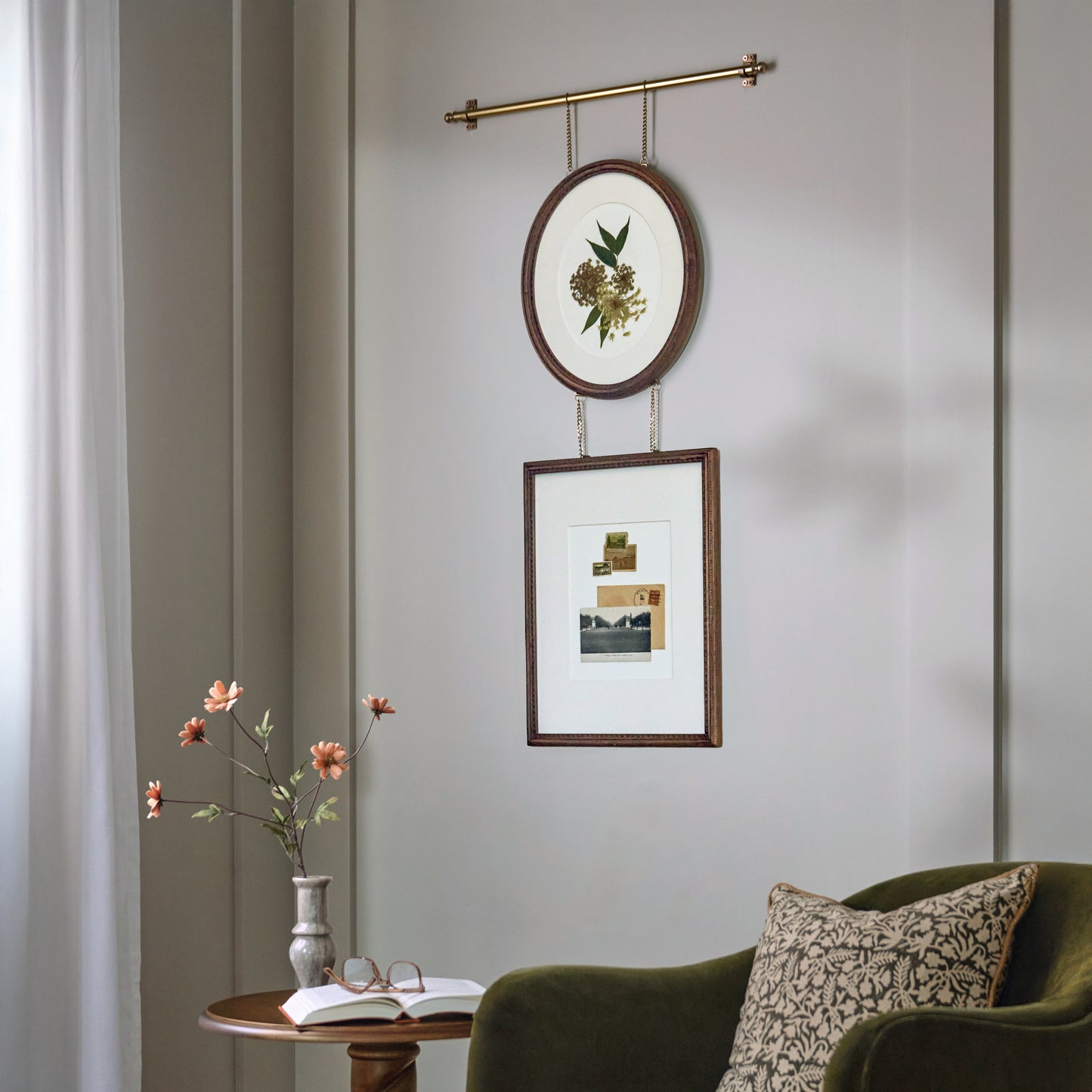 Colleen Wood and Brass Rail Multi Picture Frame shown on wall