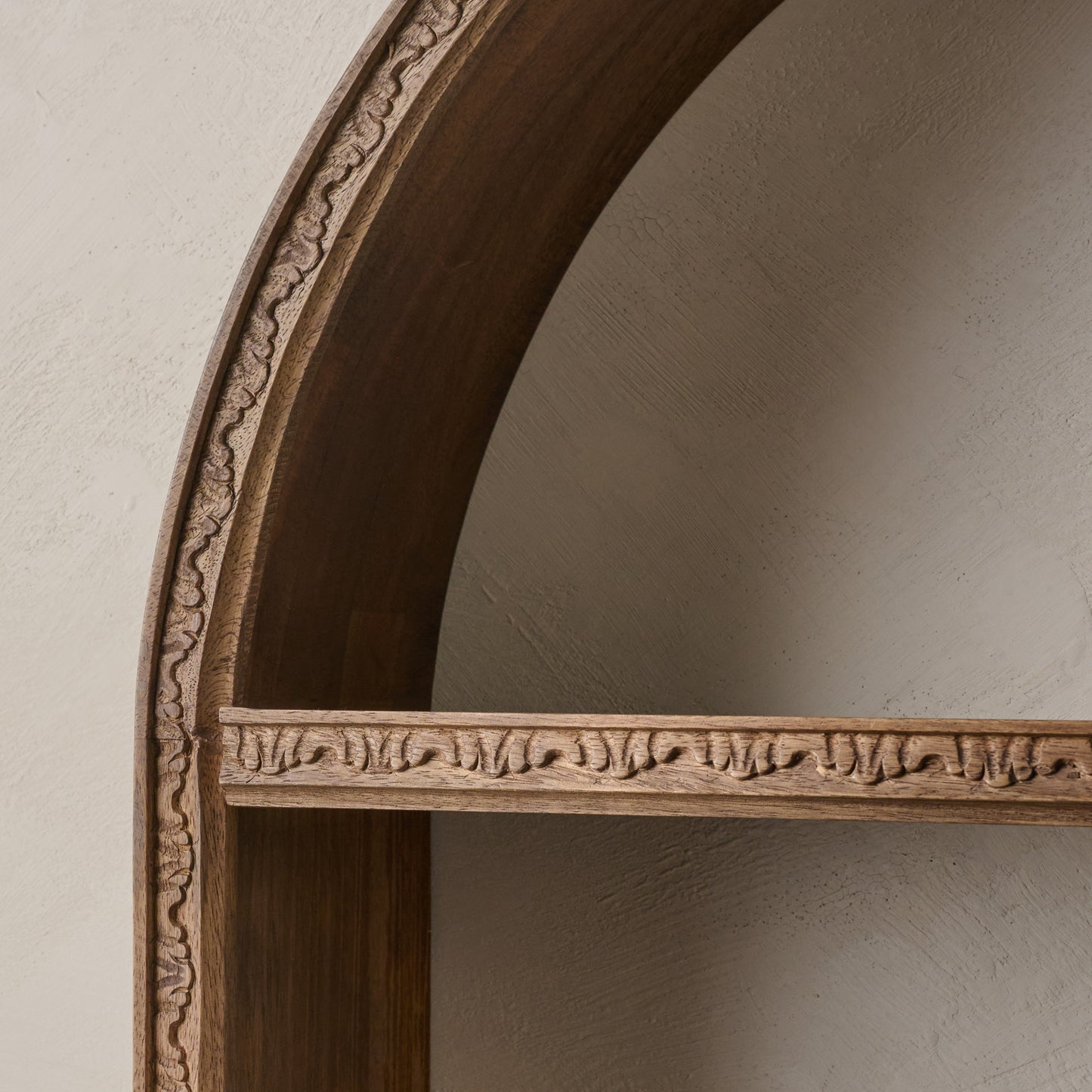 Hand Carved Wooden Archer Shelf up close
