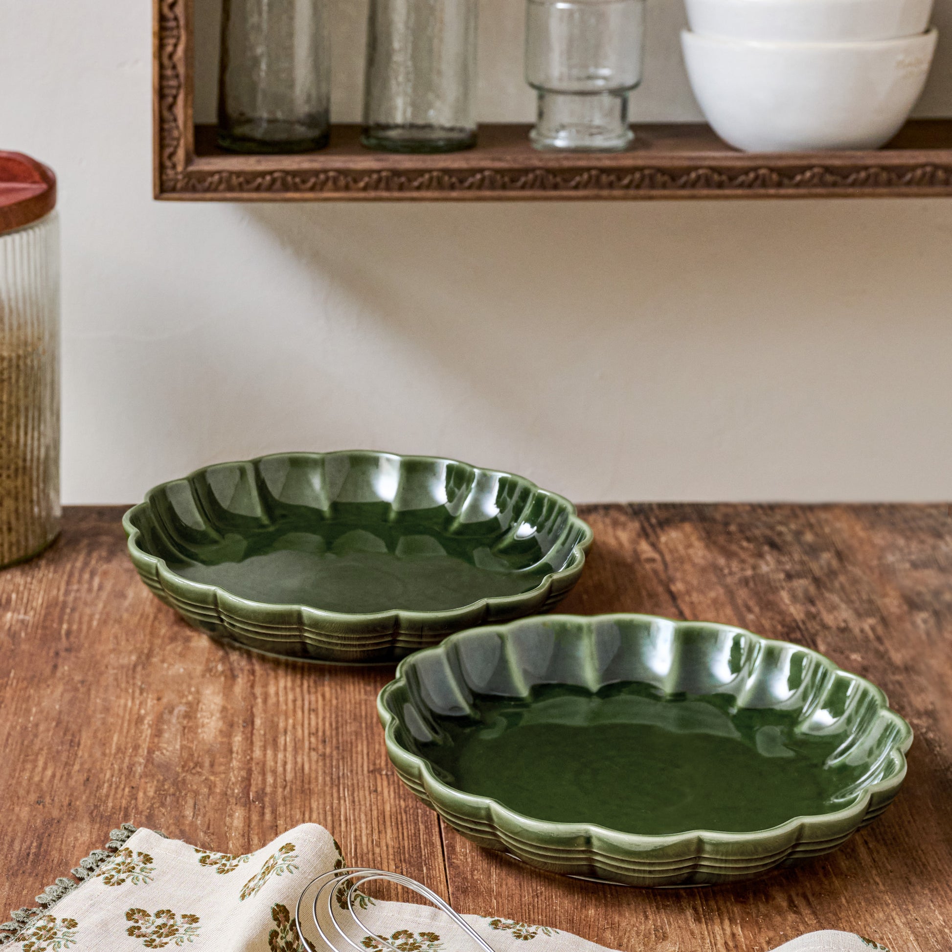 The Cottage Collection Forest Green Scalloped Baking Dish Set shown on table