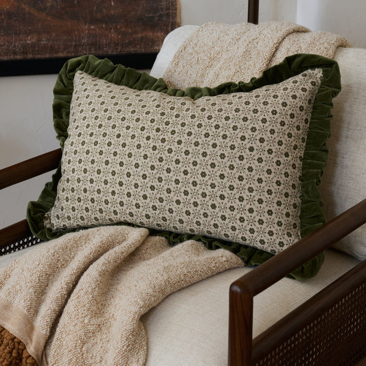 Thea Block Print Pillow w/ Velvet Ruffle Edge w/ insert, 16x24 shown on accent chair