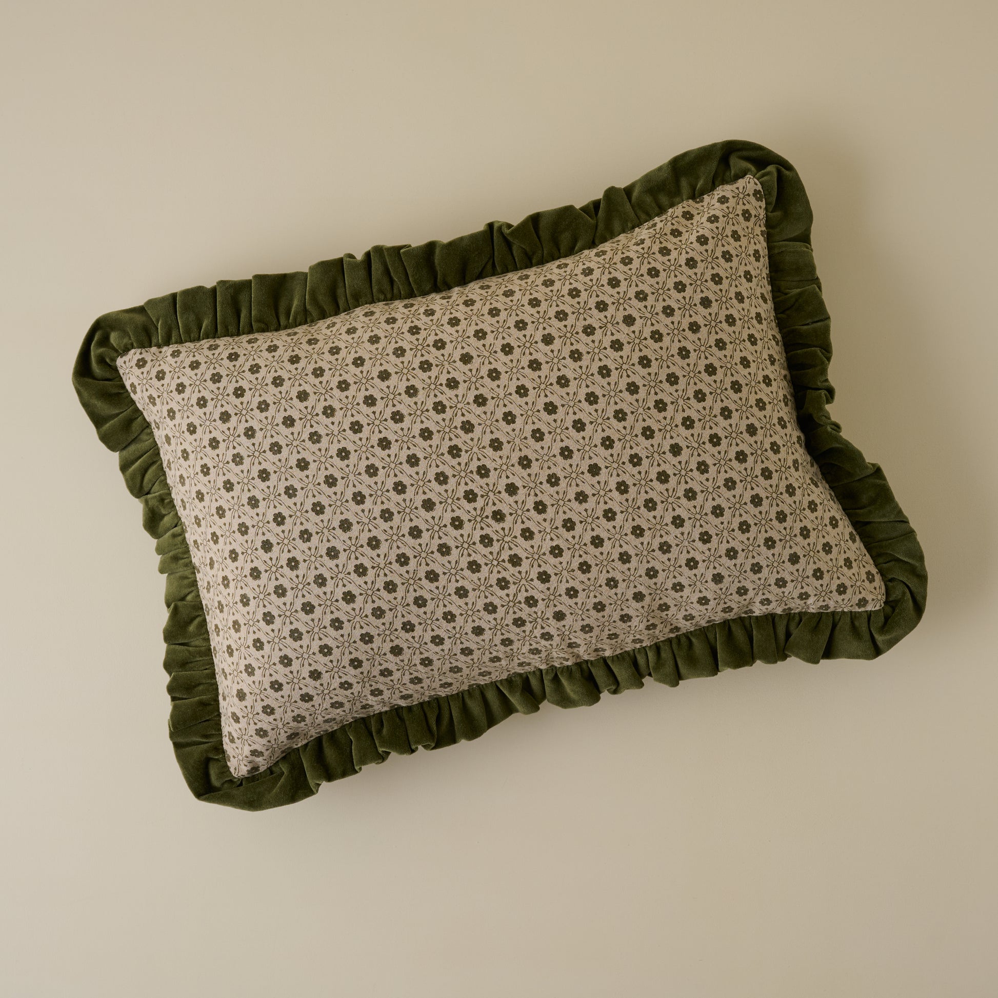 Thea Block Print Pillow w/ Velvet Ruffle Edge w/ insert, 16x24