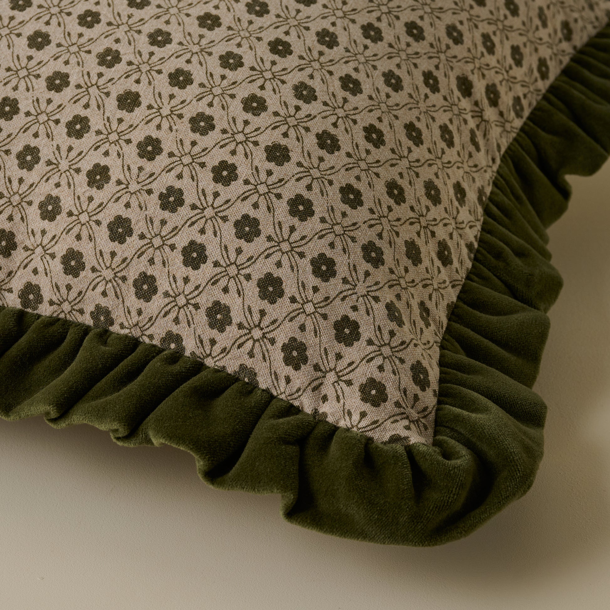 Thea Block Print Pillow w/ Velvet Ruffle Edge w/ insert, 16x24 corner up close