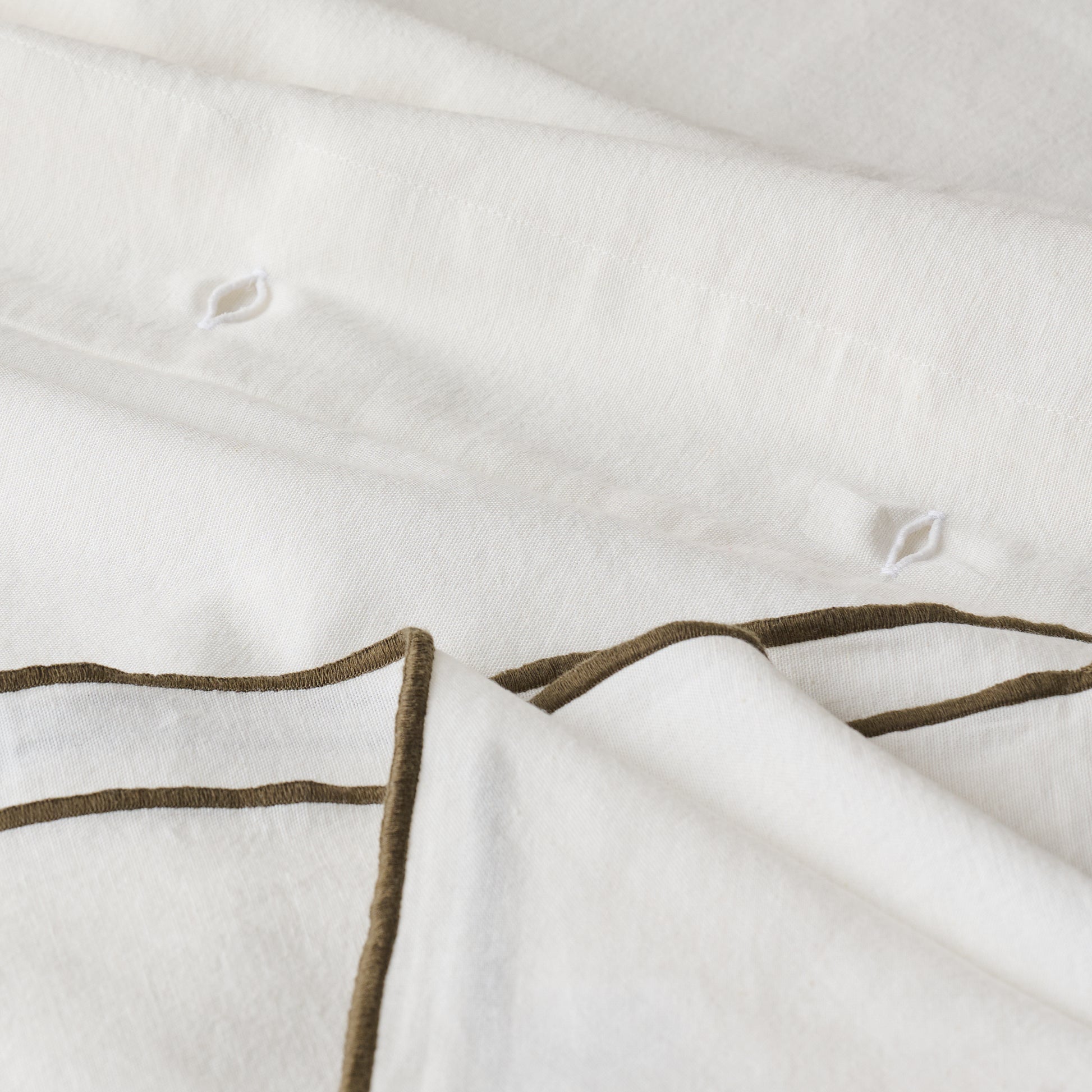 Magnolia Olive Edge Ruffle Shower Curtain up close