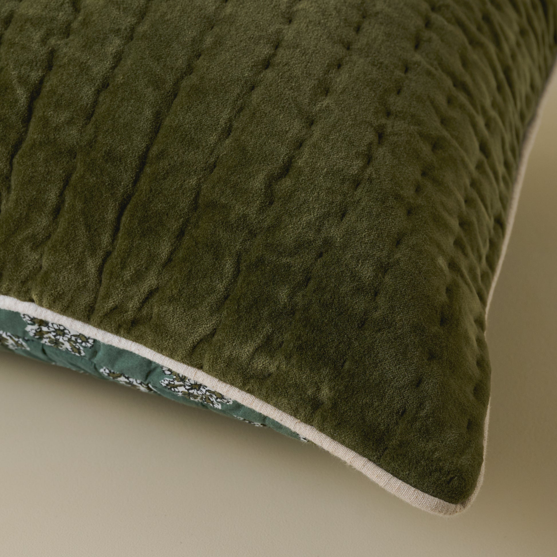 Audrey Velvet Lumbar Pillow- Winter Moss corner up close