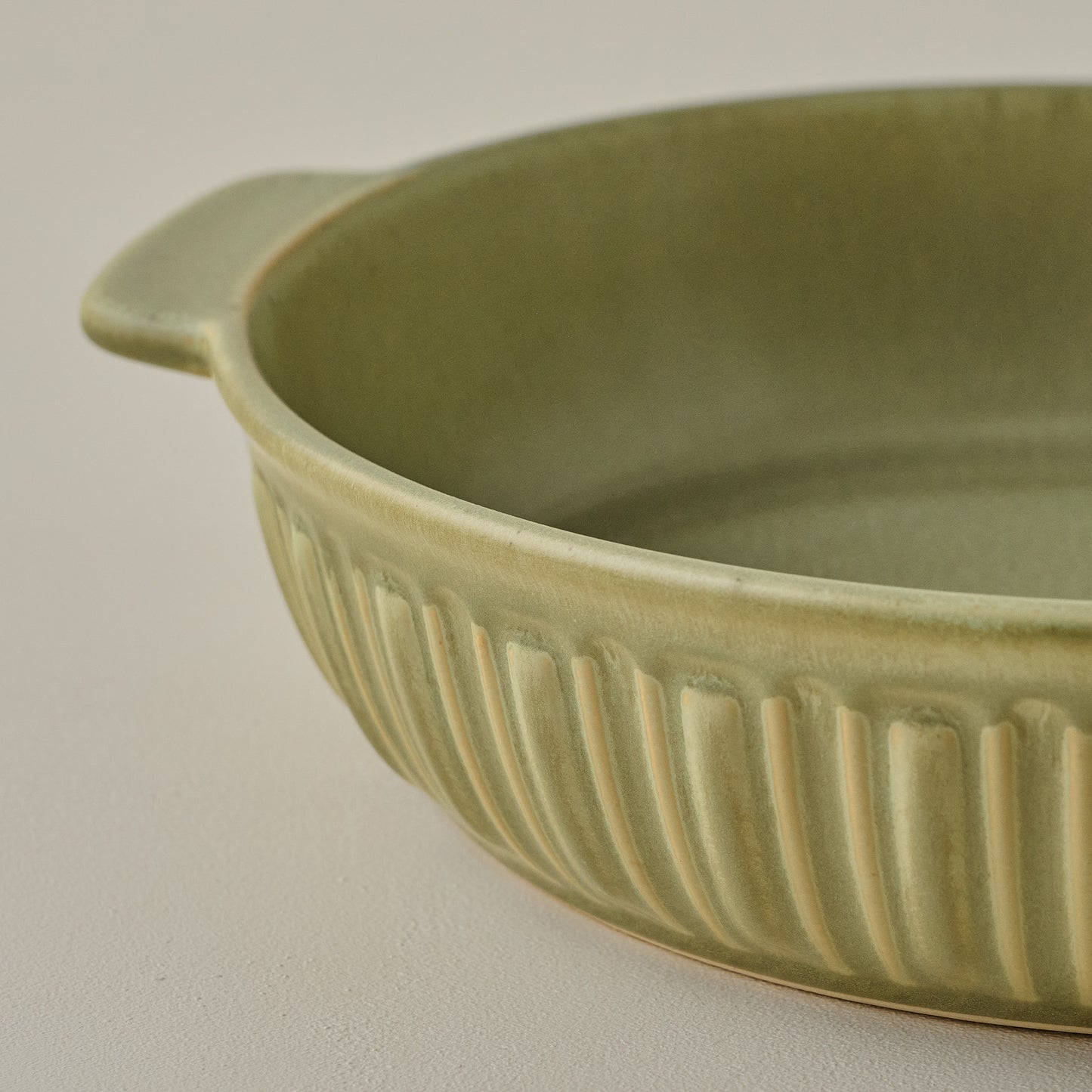 The Cottage Collection Laurel Green Round Baking Dish up close