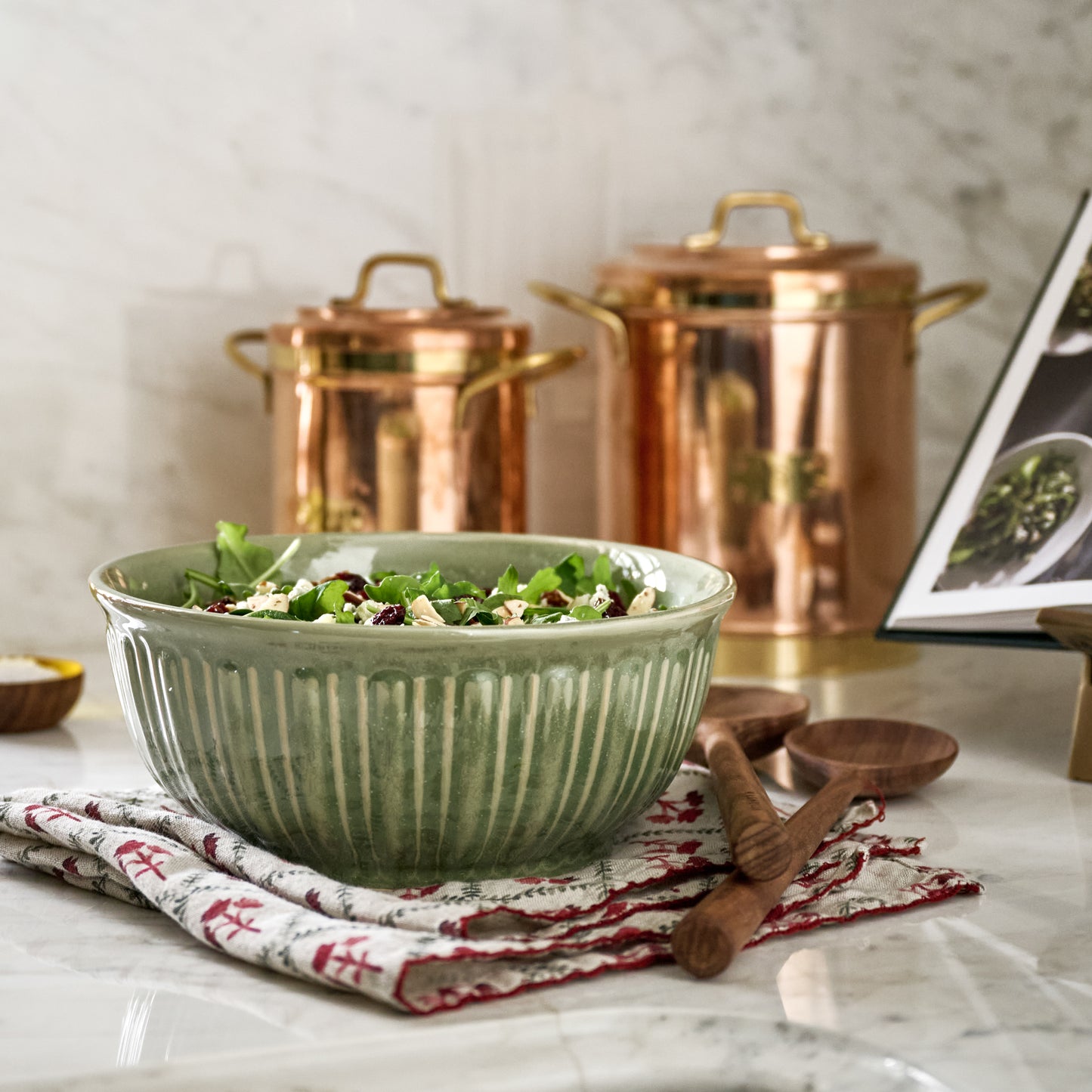 The Cottage Collection Laurel Green Mixing Bowl Set in a kitchen