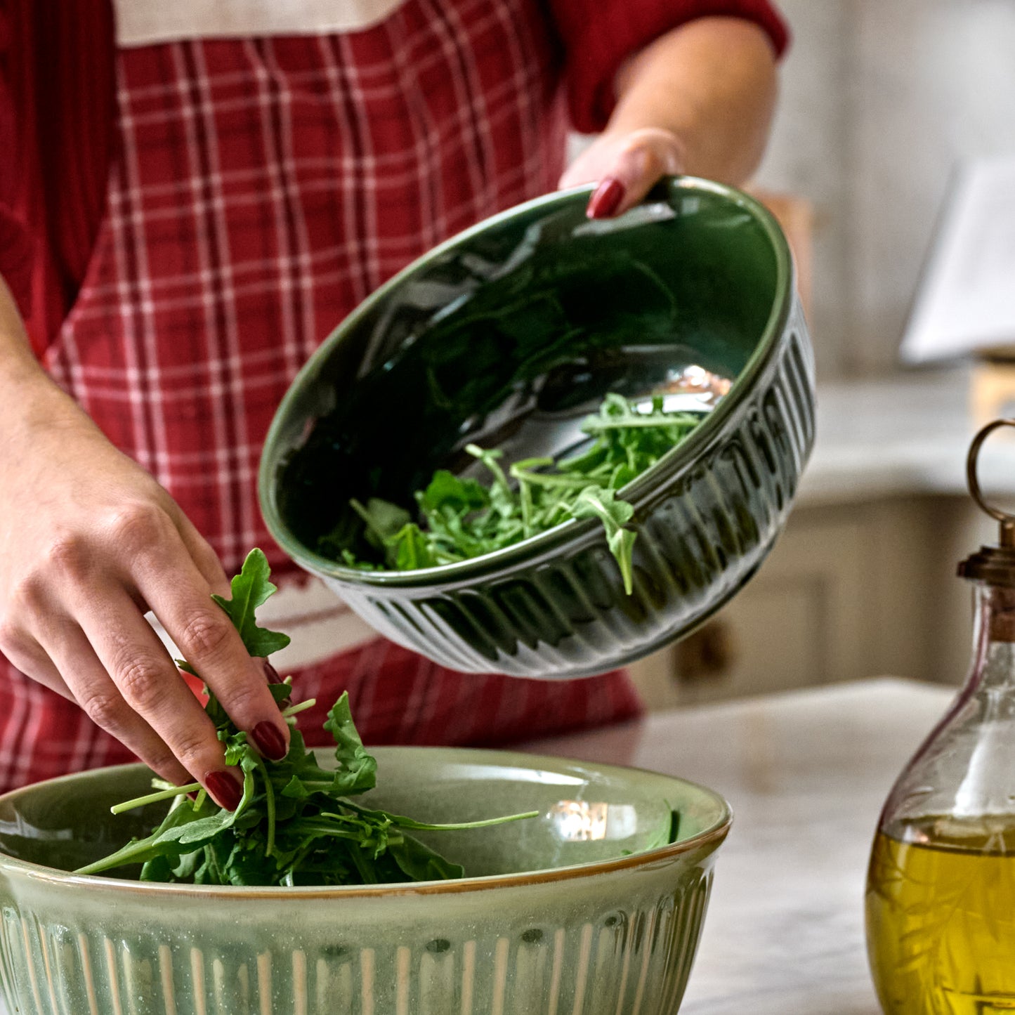 The Cottage Collection Laurel Green Mixing Bowl Set in use