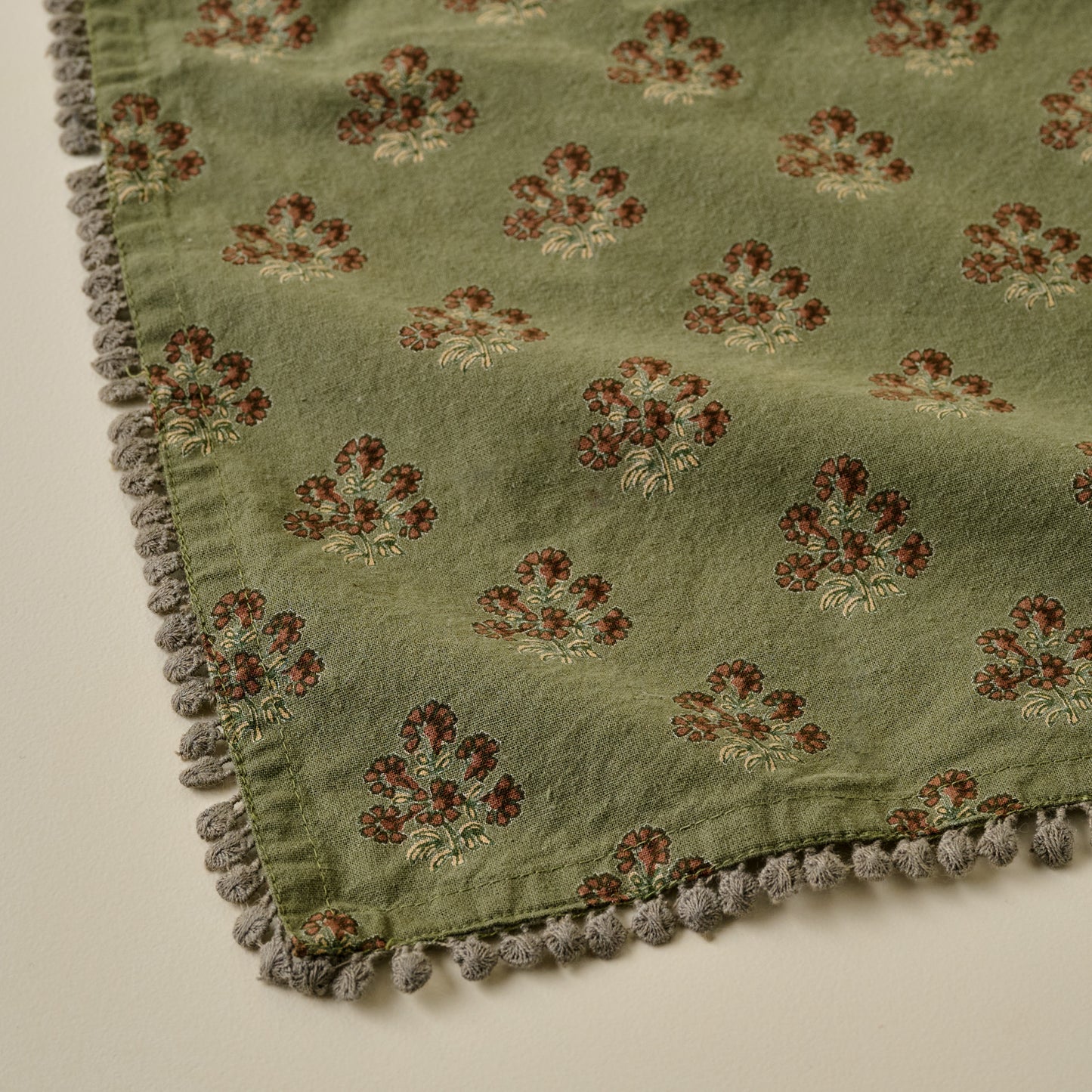 Magnolia Olive Green Block Printed Napkin Set of Four corner up close