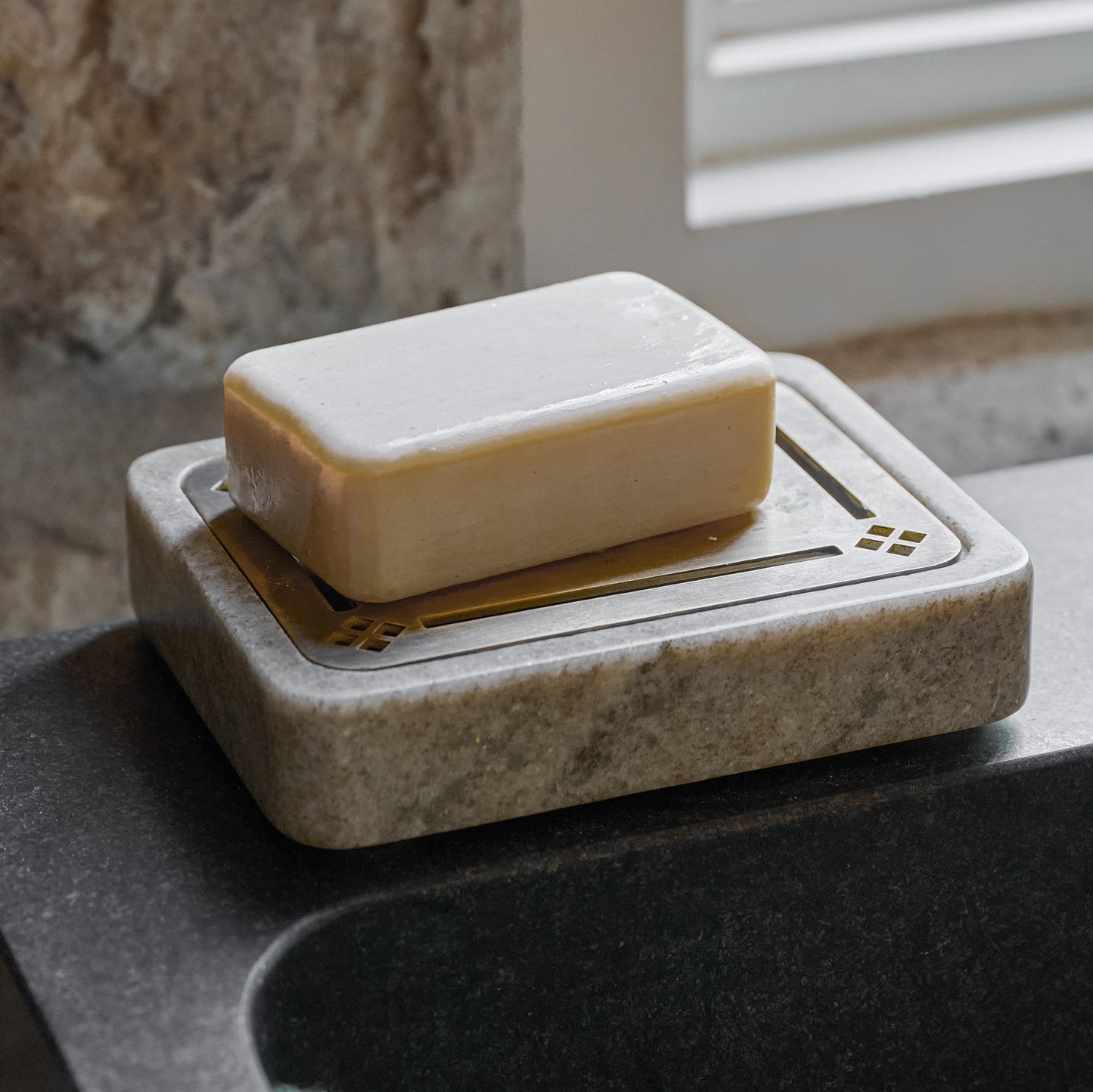 Beige Quincey Marble and Brass Inlay Soap Dish