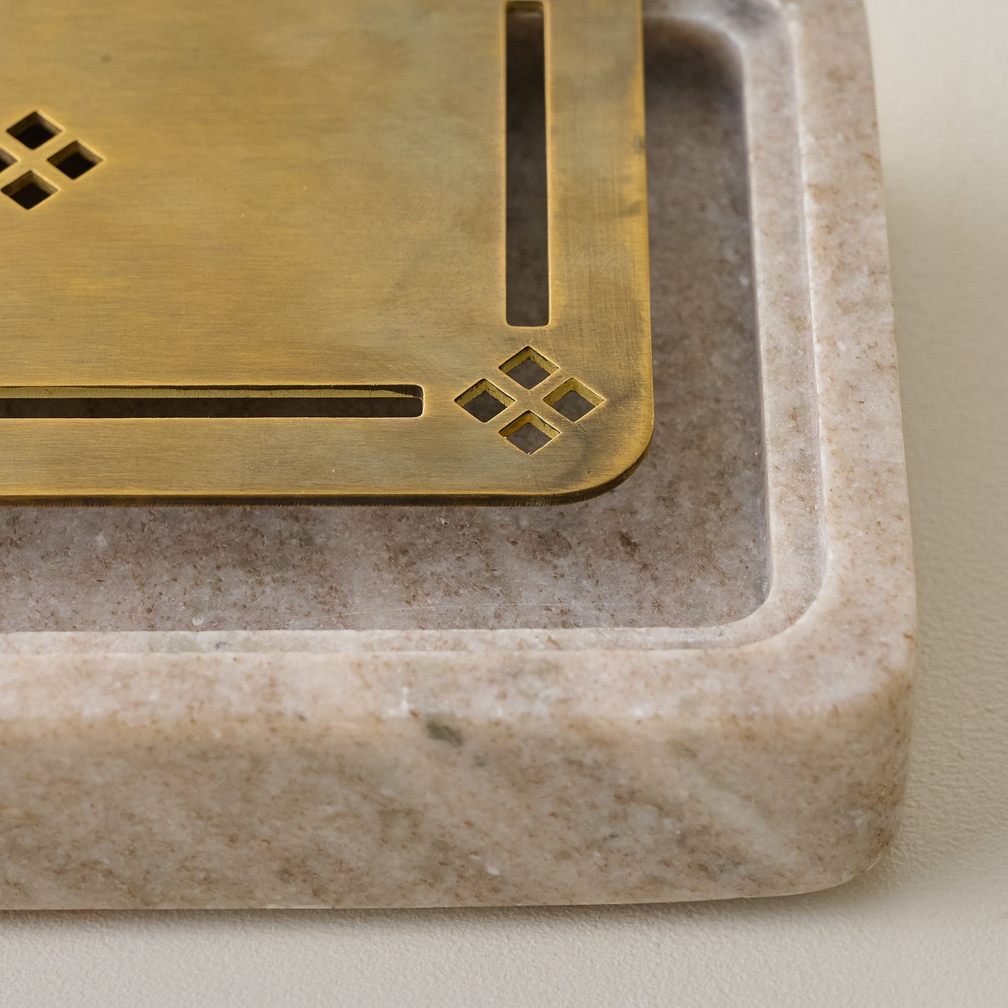 Quincey Marble and Brass Inlay Soap Dish in beige corner up close