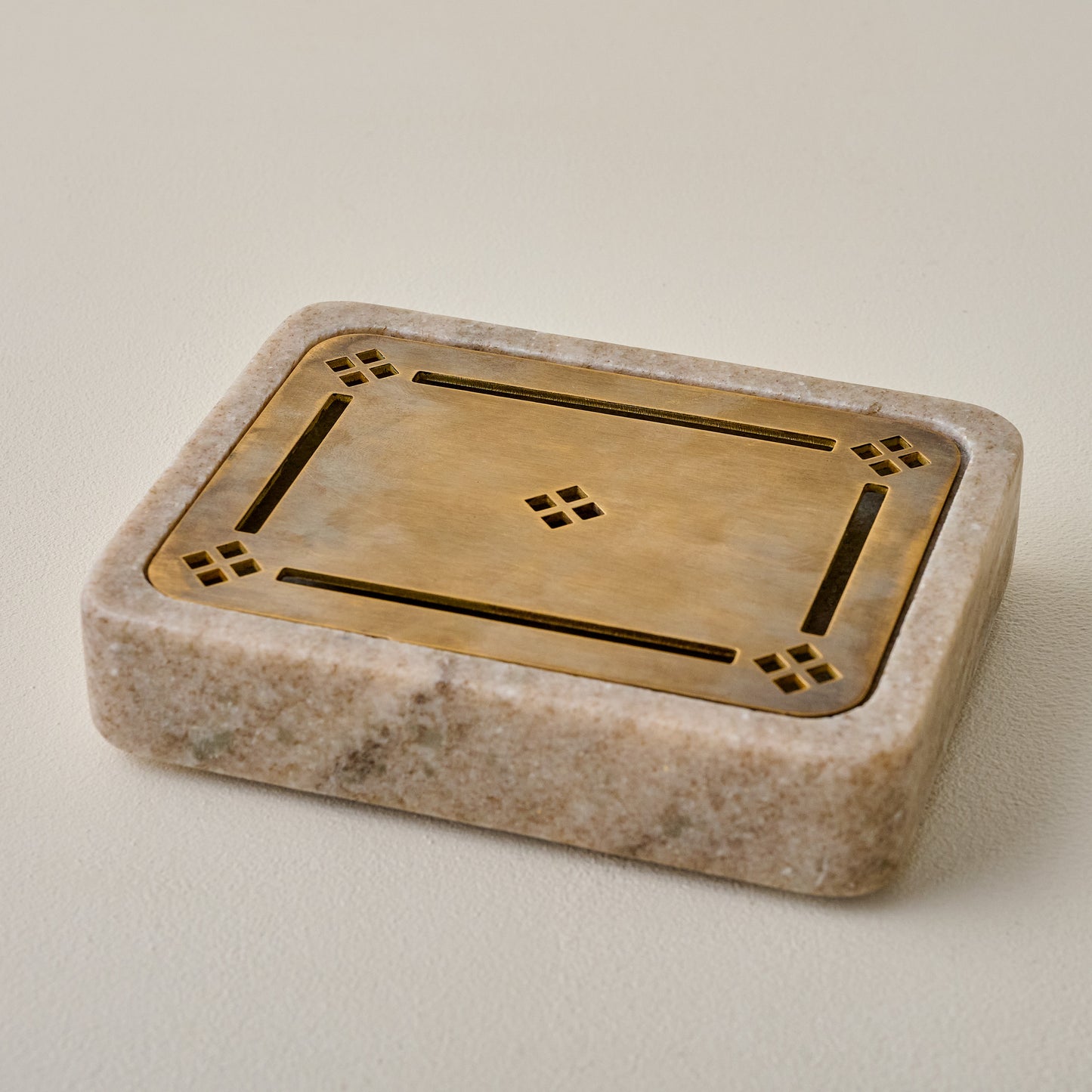 Quincey Marble and Brass Inlay Soap Dish in beige
