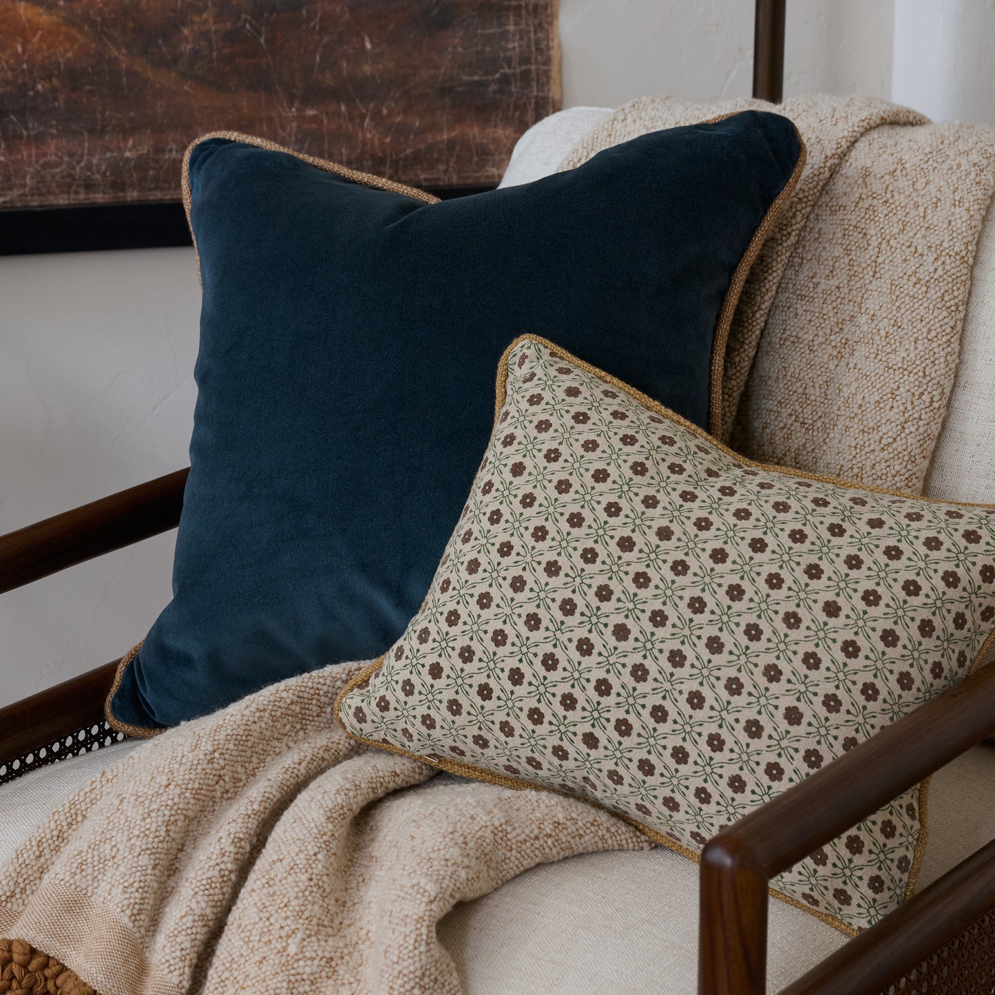 Lexie Velvet Pillow in Magical Forest shown on accent chair