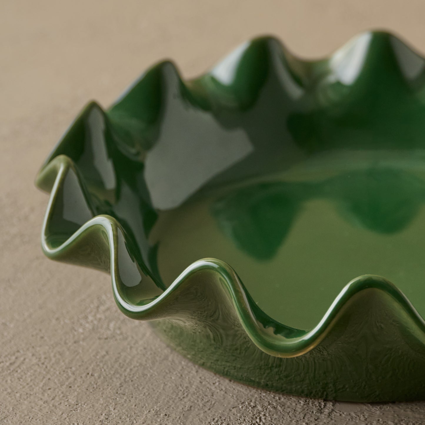 The Cottage Collection Forest Green Scalloped Pie Dish up close