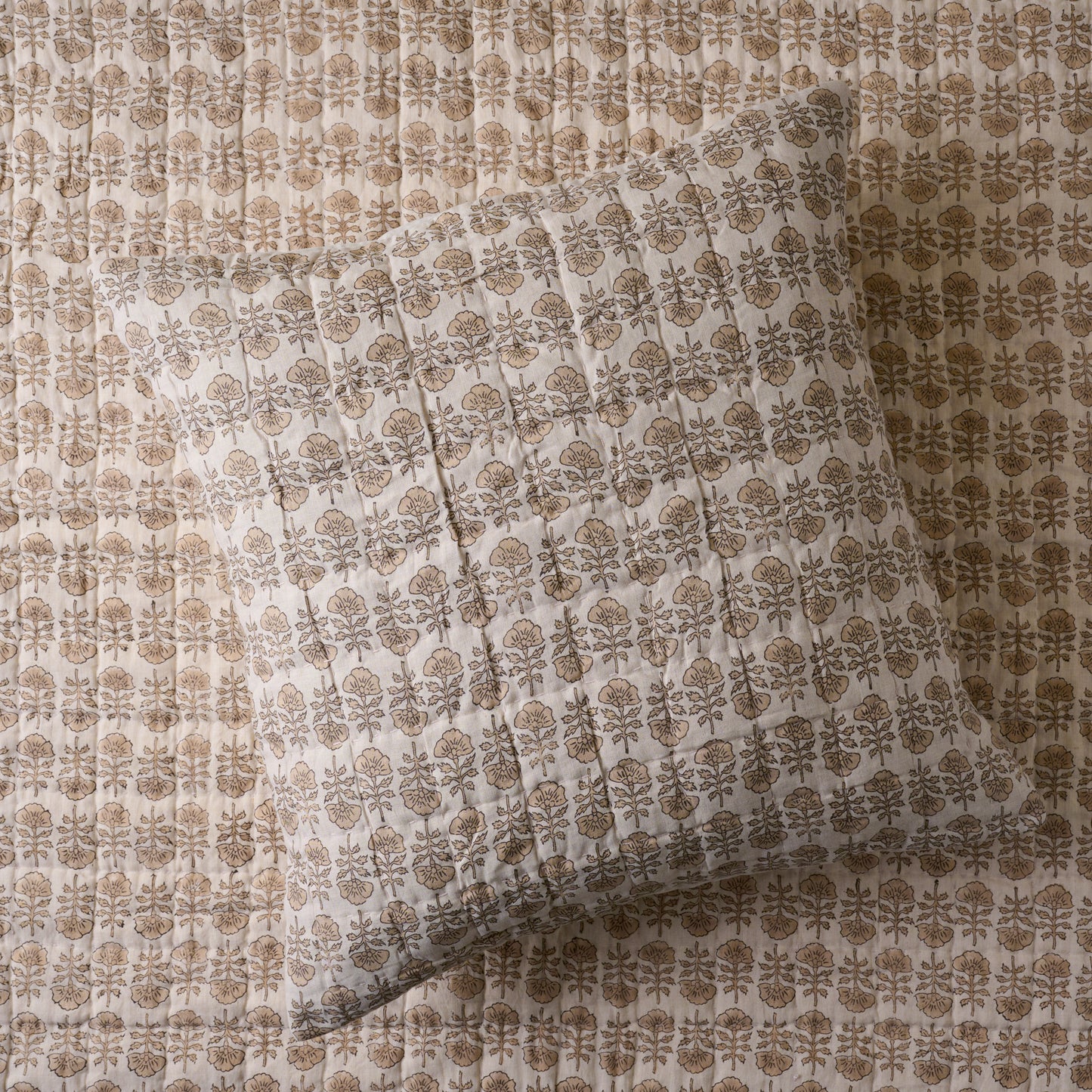 Flora Block Print Pillow Sham - Natural color - Euro Size shown on matching bed