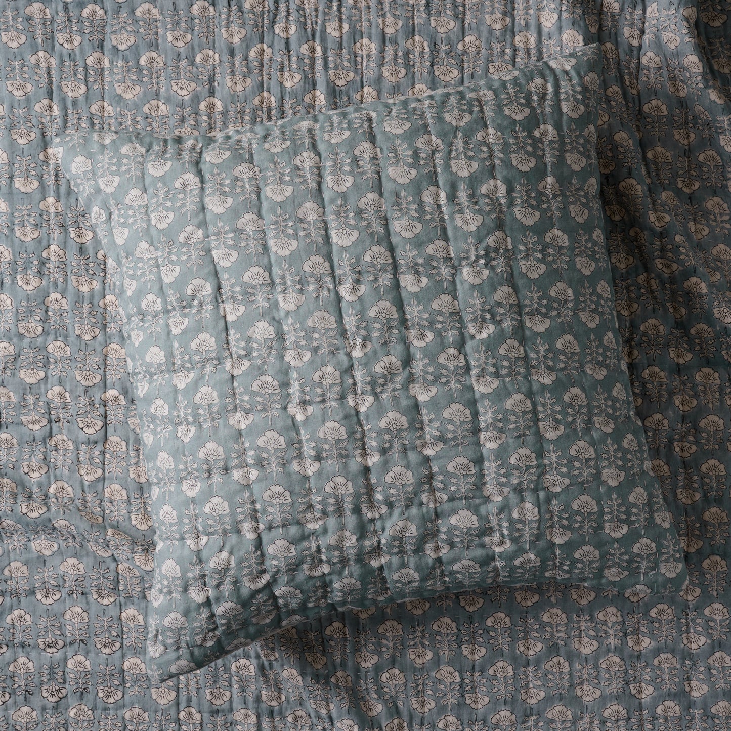 Flora Block Print Pillow Sham - Silver Blue, Euro size shown with matching bedding