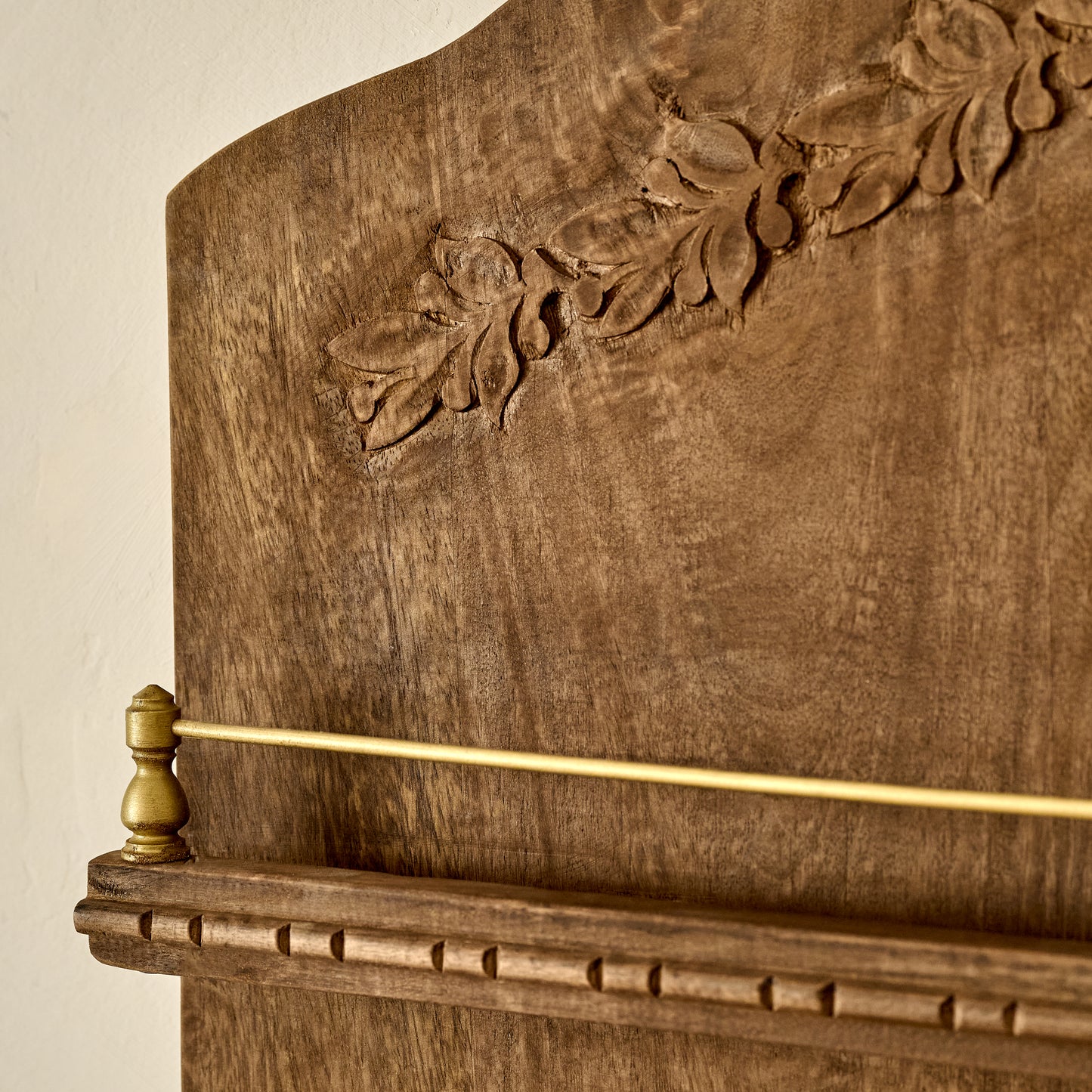 Gloria Carved Wood and Brass Display Shelf up close