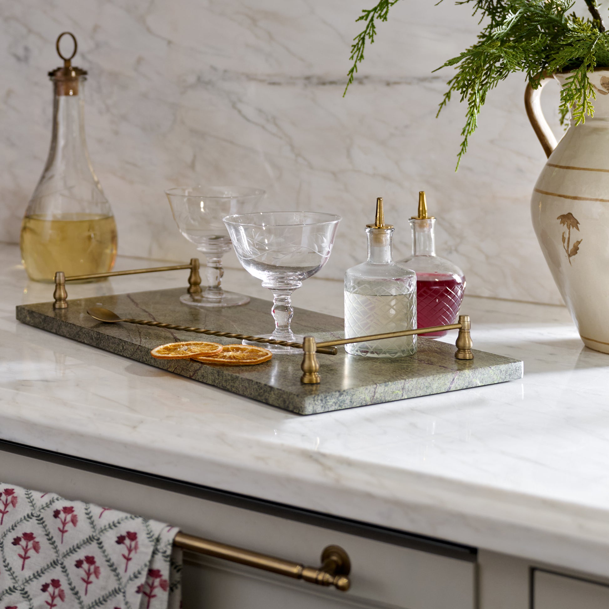 Forest Marble + Brass Serving Tray in a room