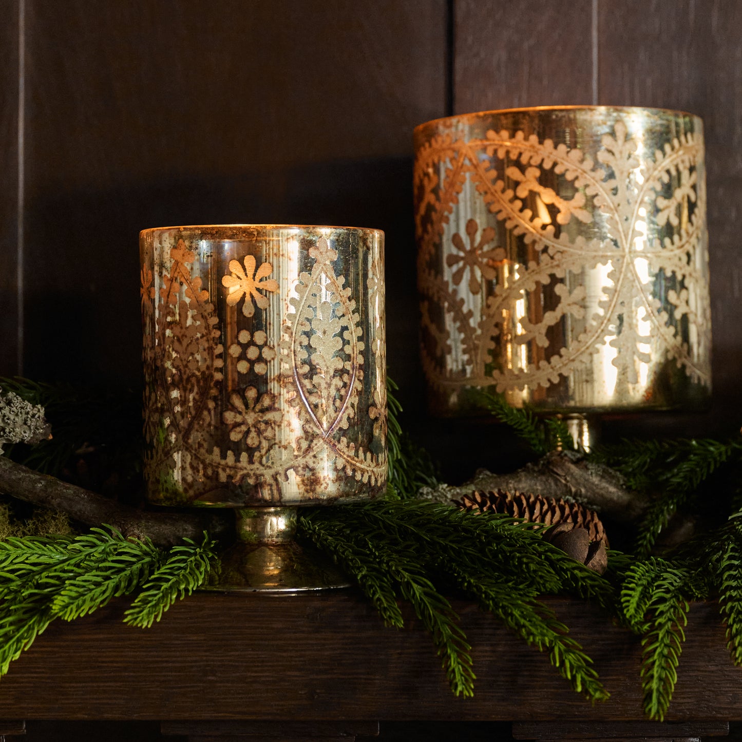 Burnished Mercury Glass Floral Hurricane on a mantle