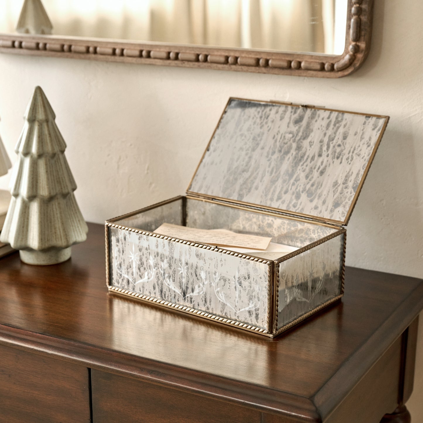 Large Helana Mercury Glass Accent Box shown styled on entry table