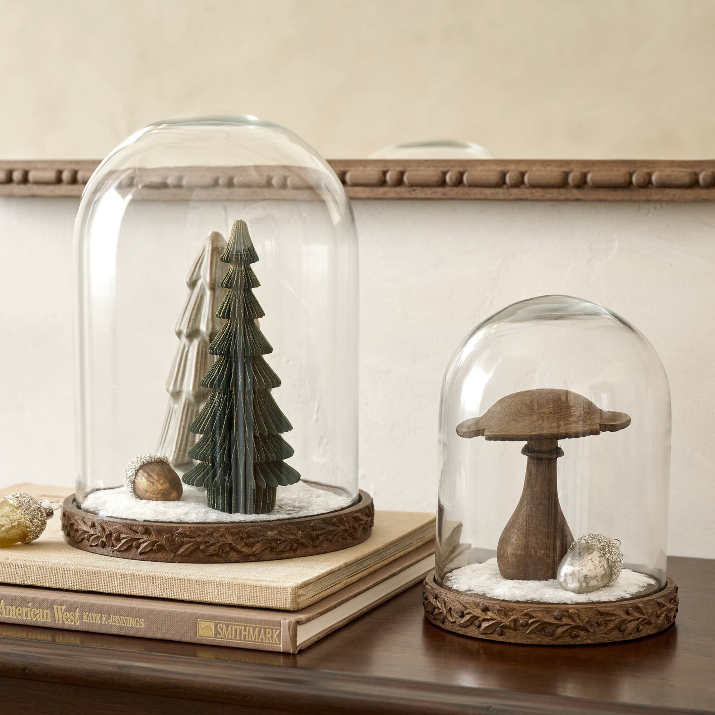 Eleanor Carved Wood Cloches shown styled with holiday decor
