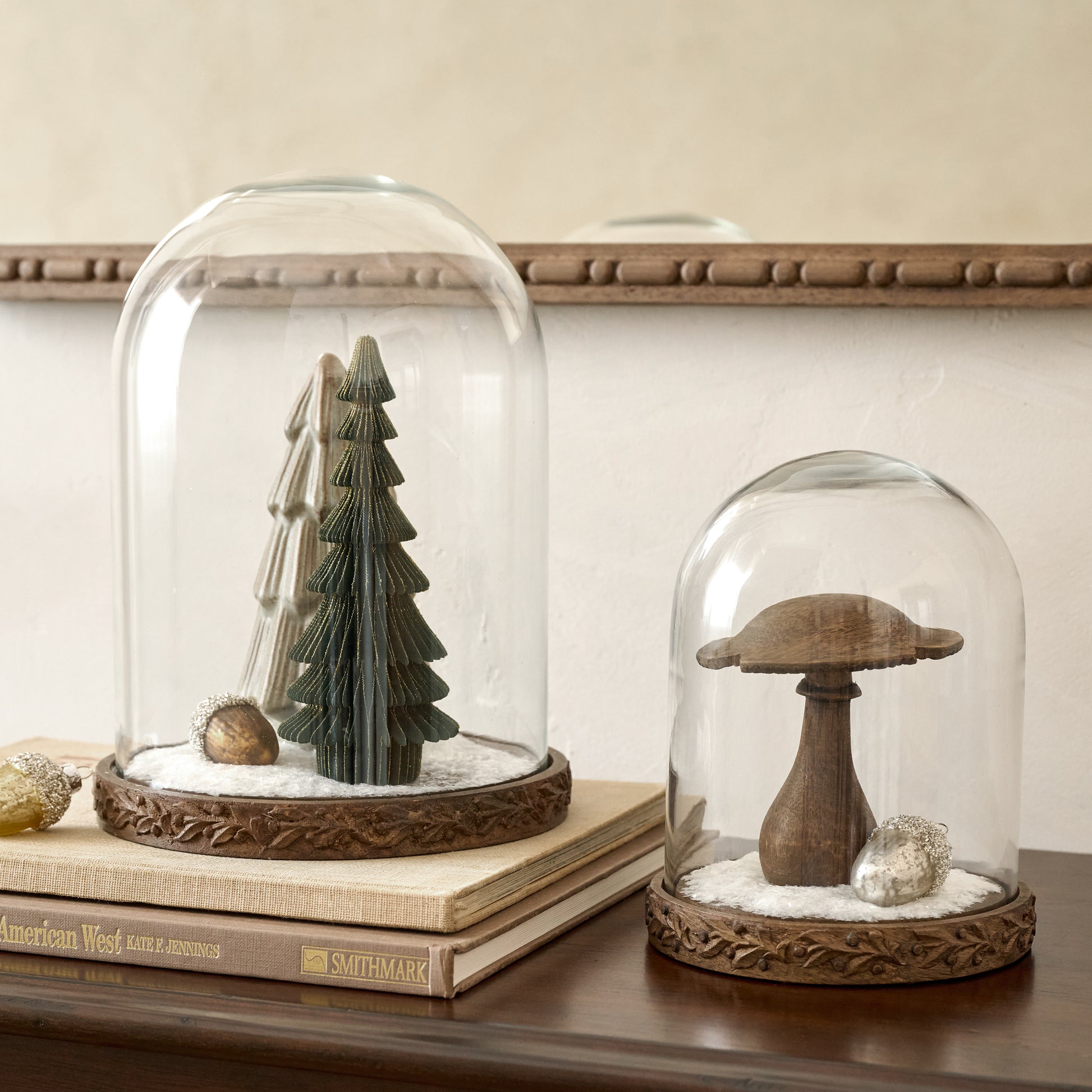 Vintage-Inspired Boxed Snow shown under cloche with other decor