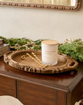 Wells Hand-Carved Wood Tray shown styled with candle and candle wick trimmer