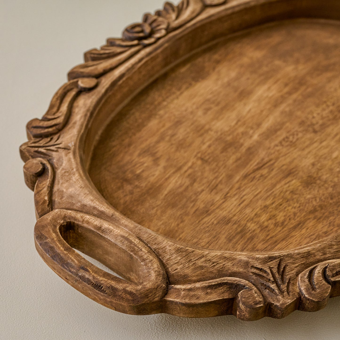 Wells Hand-Carved Wood Tray edge up close