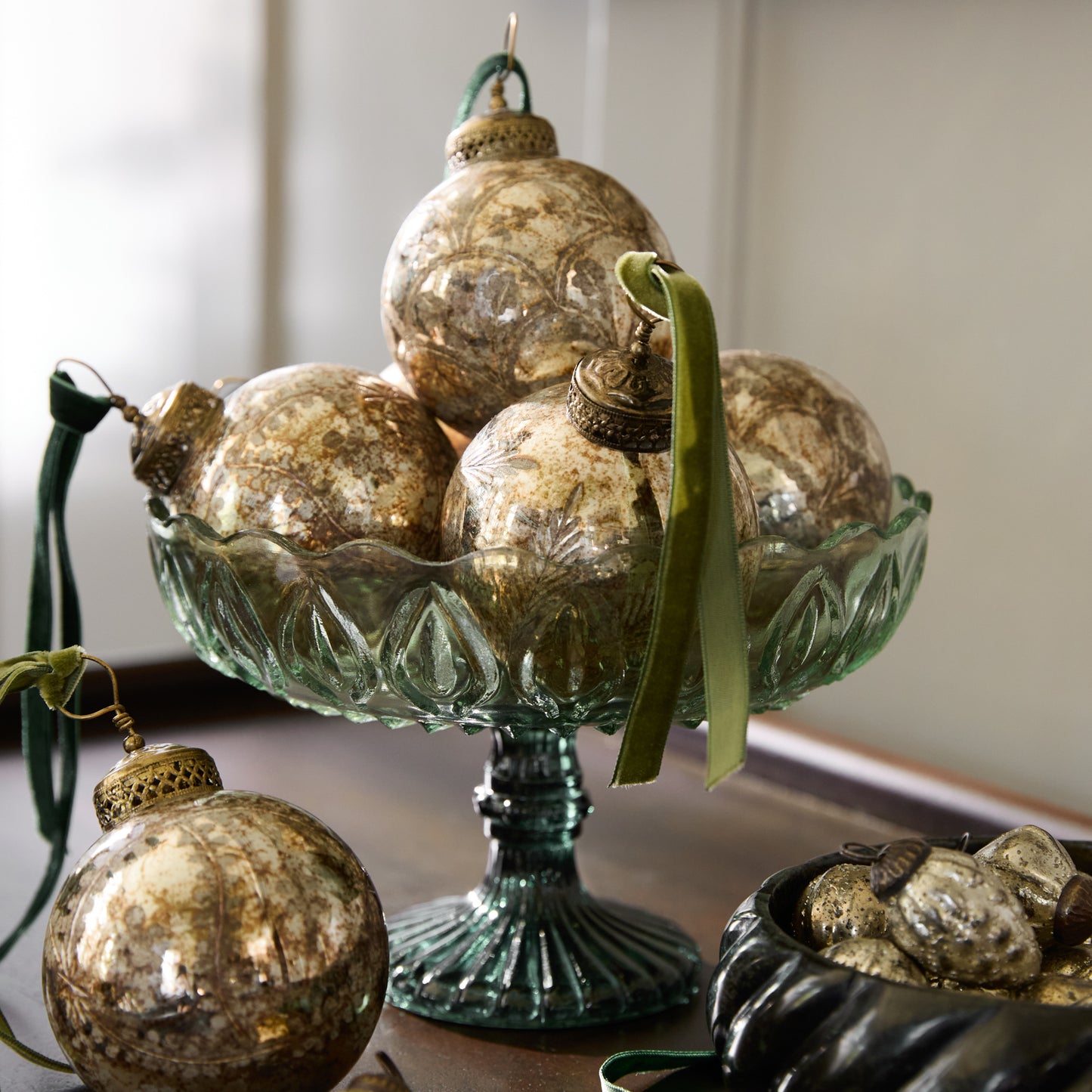 Greer Vintage-Inspired Glass Compote Bowl with ornaments