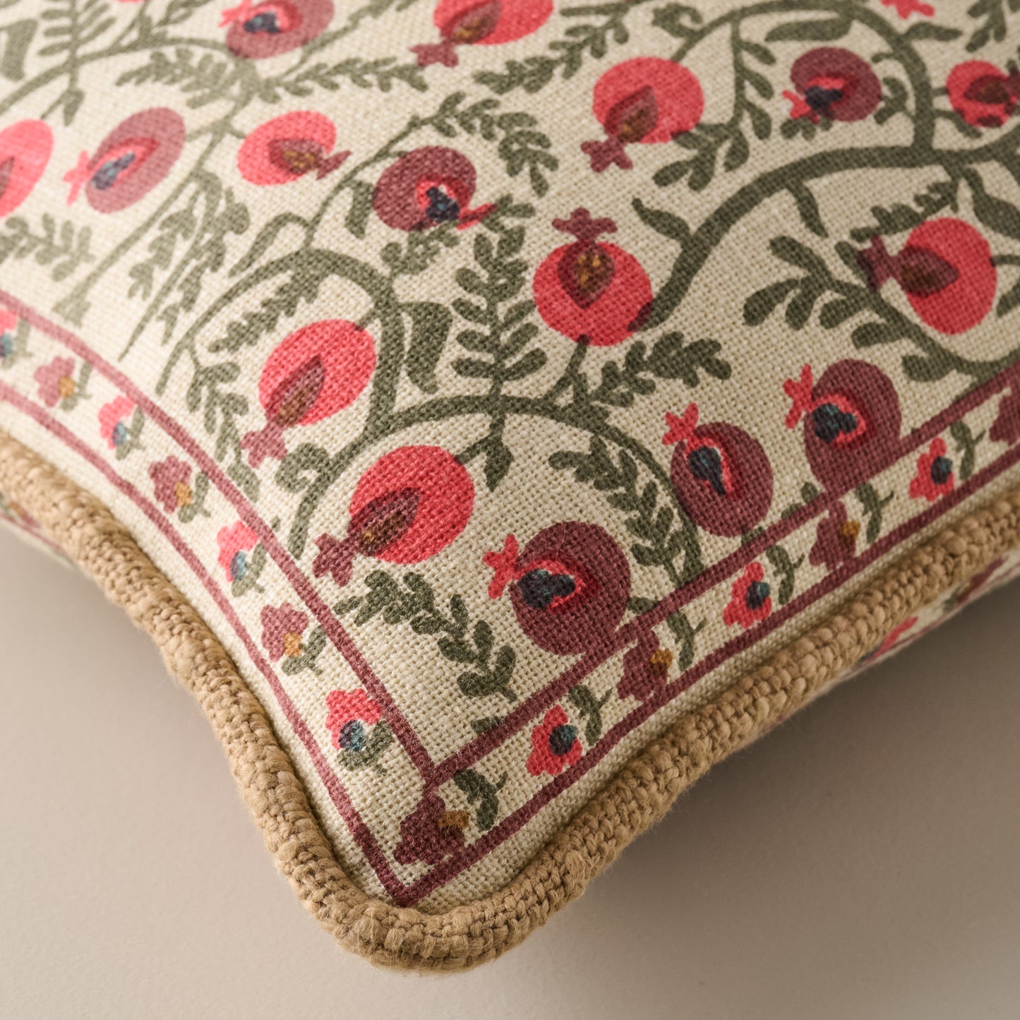 Festive Pomegranate Block Print Small Lumbar Pillow corner up close