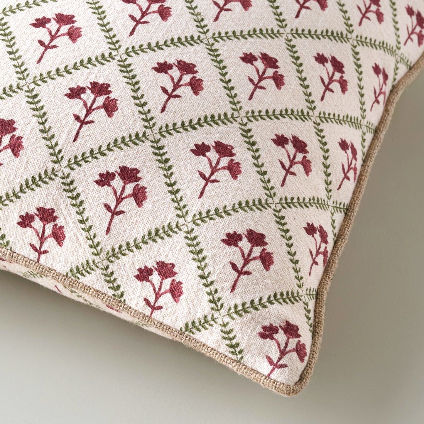 Magnolia Holiday Block Print Pillow corner up close