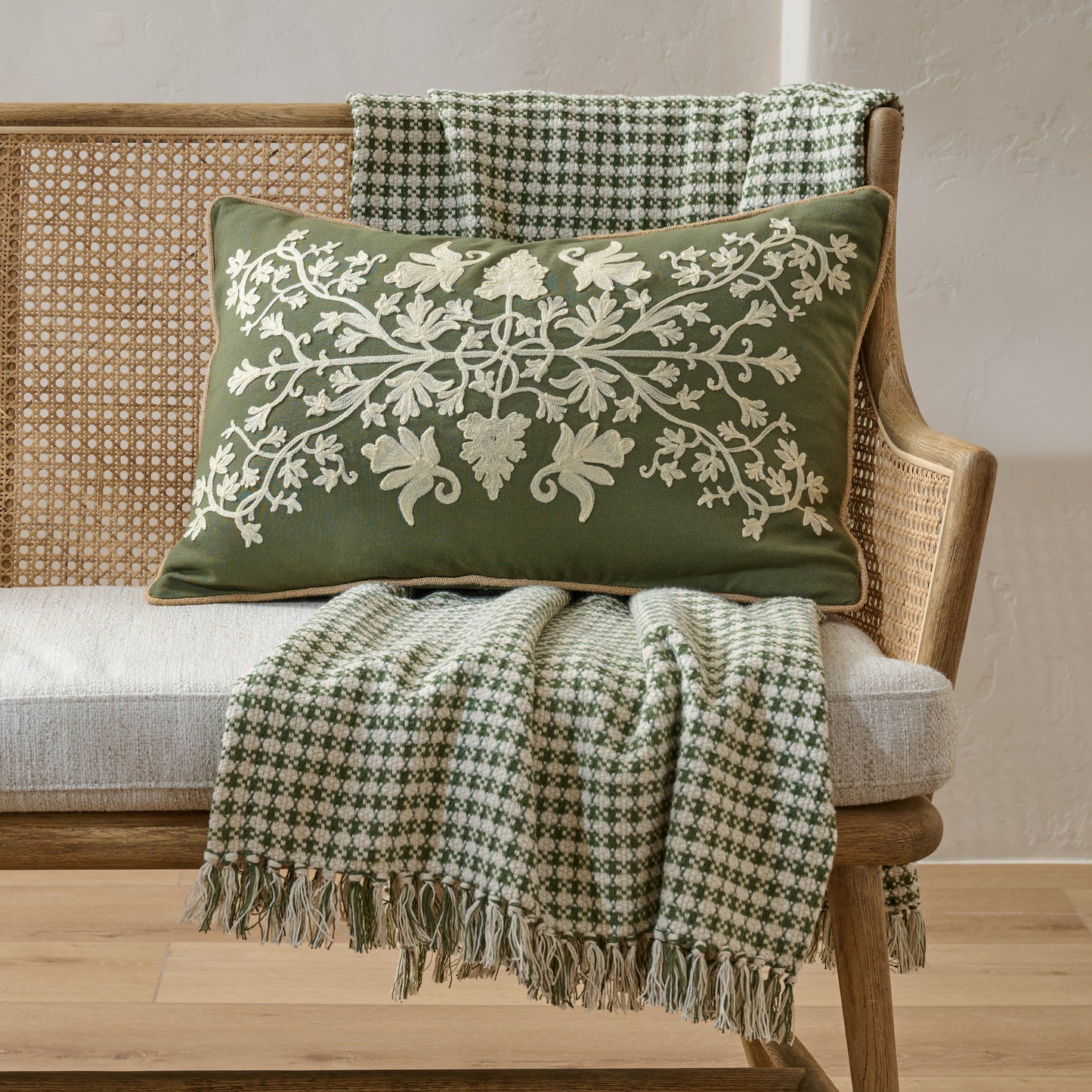 Ivory & Green Aspen Throw shown on bench