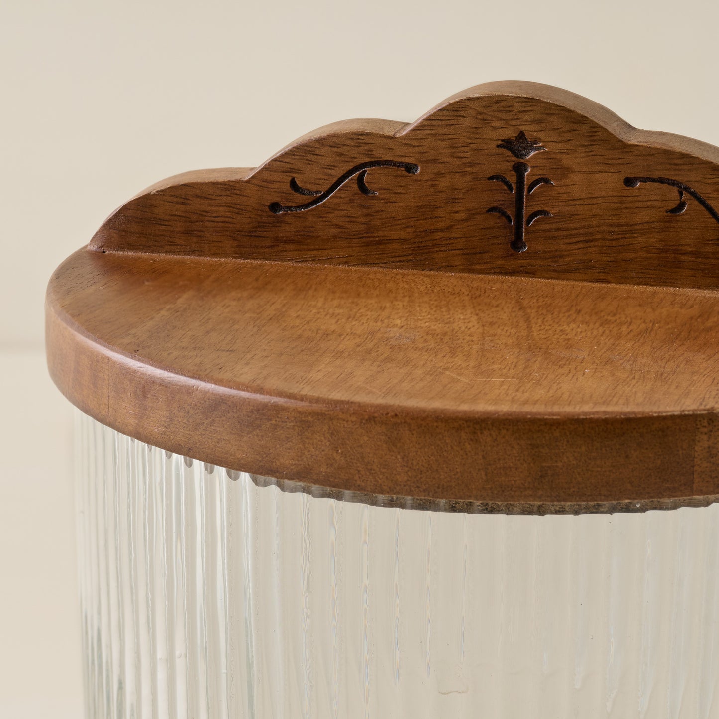 Antiqued Wood Ribbed Glass Pedestal Serving Dish detail up close