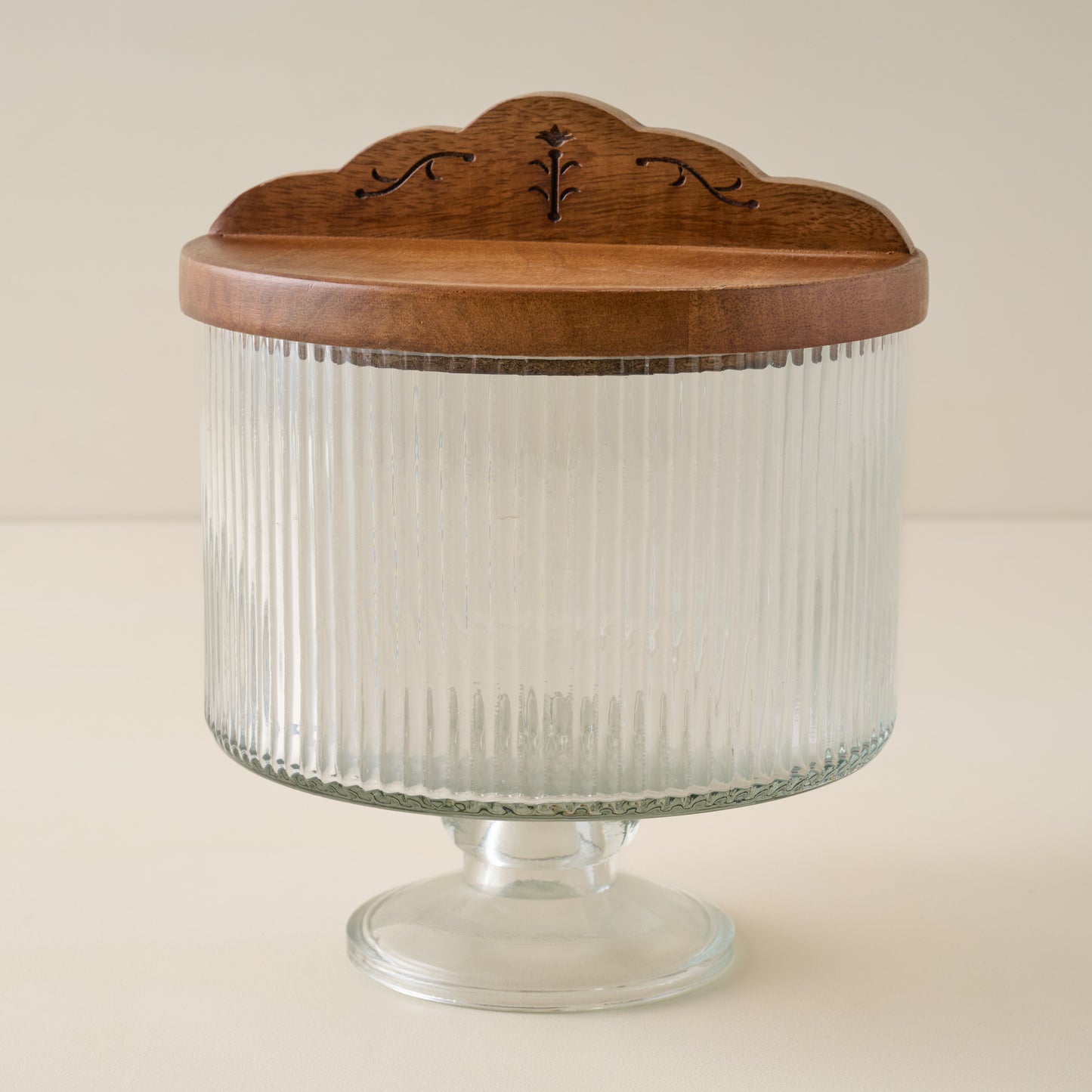 Antiqued Wood Ribbed Glass Pedestal Serving Dish