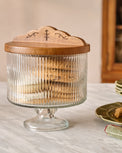 Antiqued Wood Ribbed Glass Pedestal Serving Dish shown with food