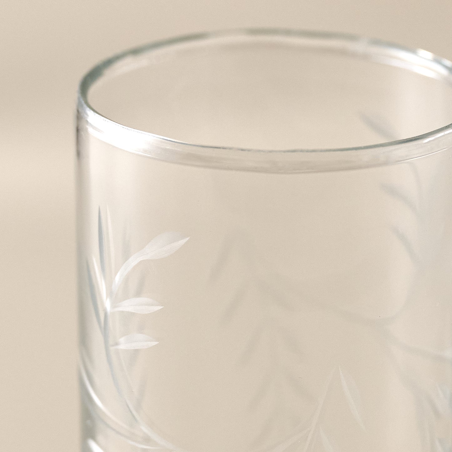 Tall Marlowe Etched Glass Tumbler Up close