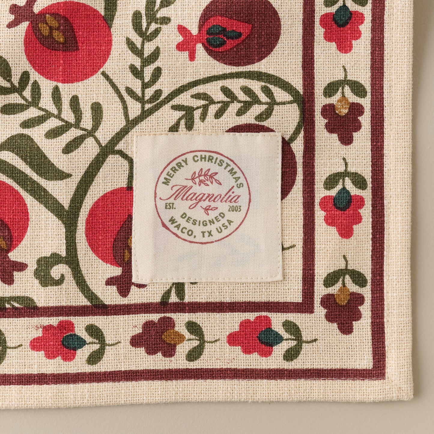 Magnolia Pomegranate Block Print Tea Towel corner up close