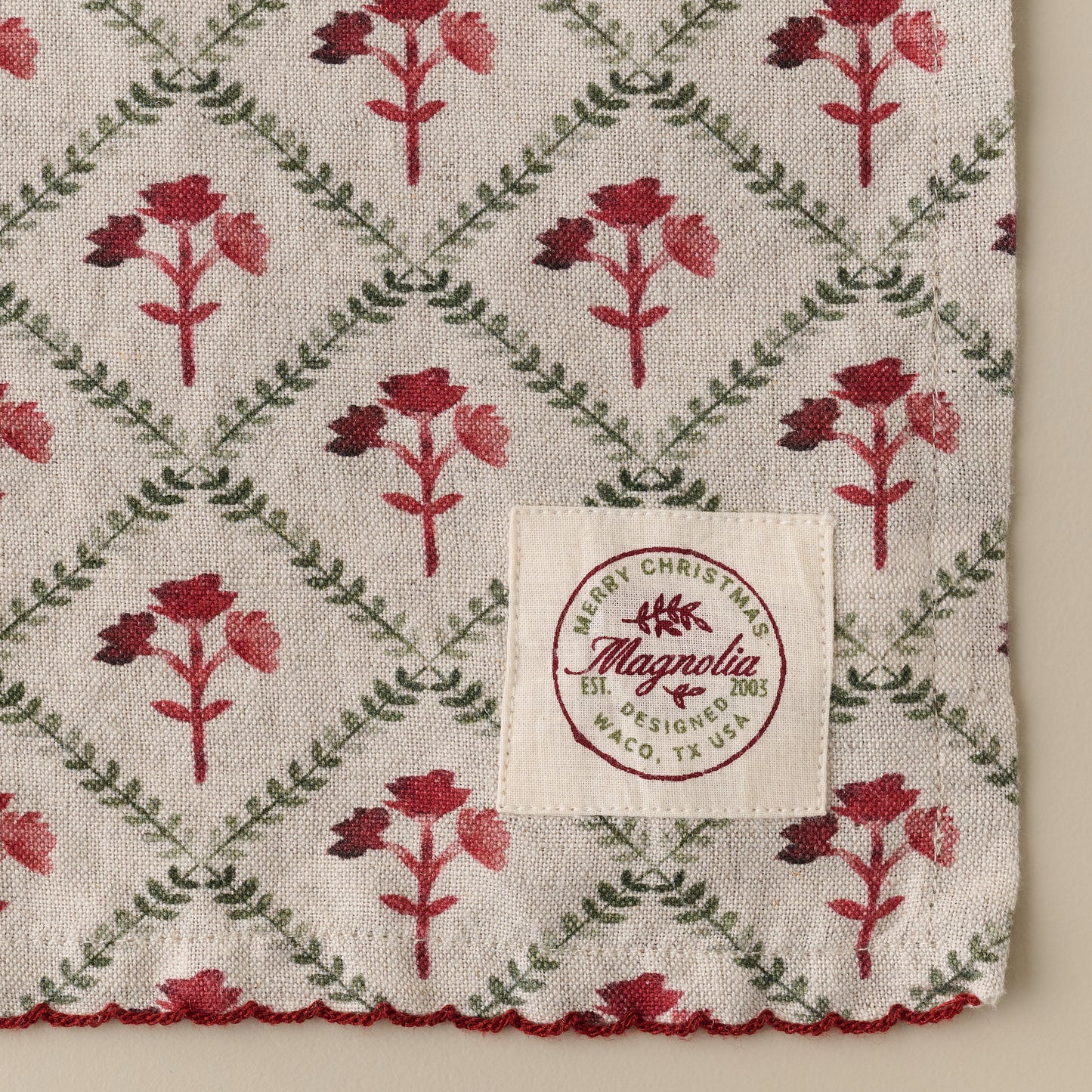 Magnolia Holiday Block Print Tea Towel corner up close