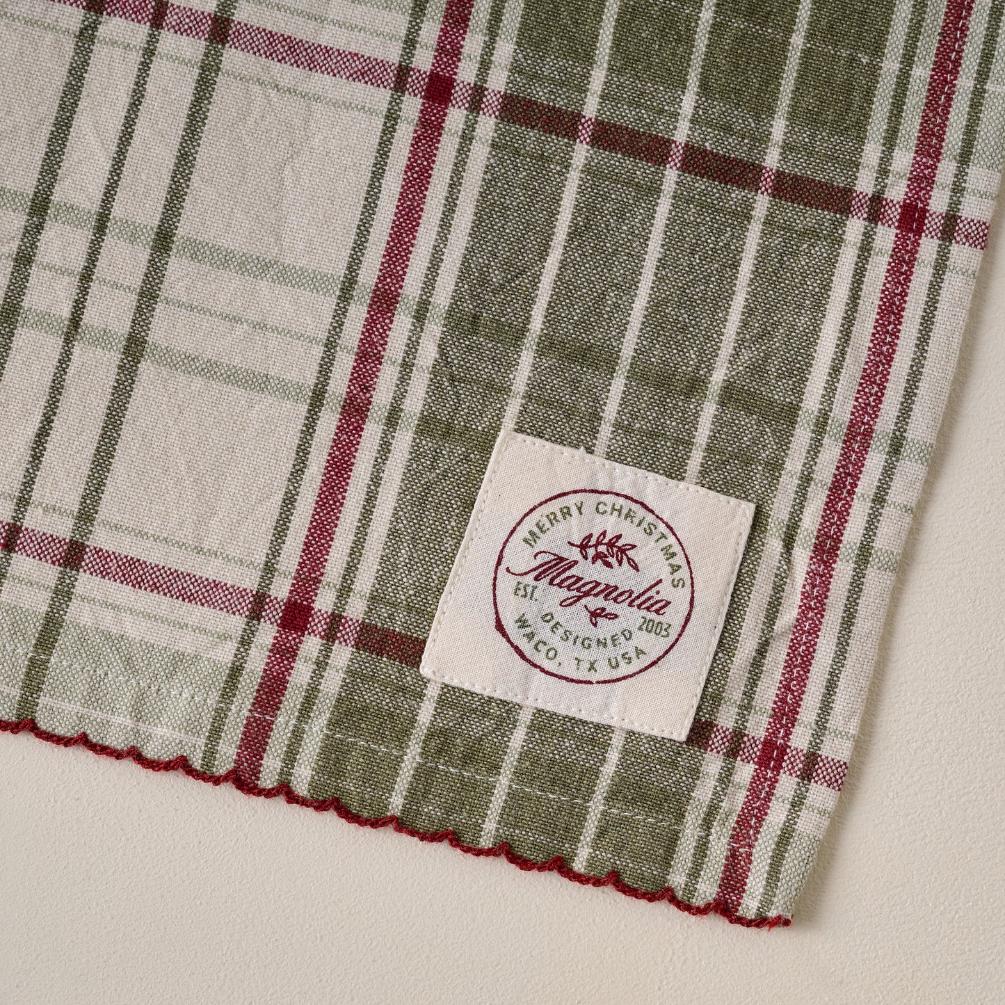 Magnolia Festive Plaid Tea Towel corner up close