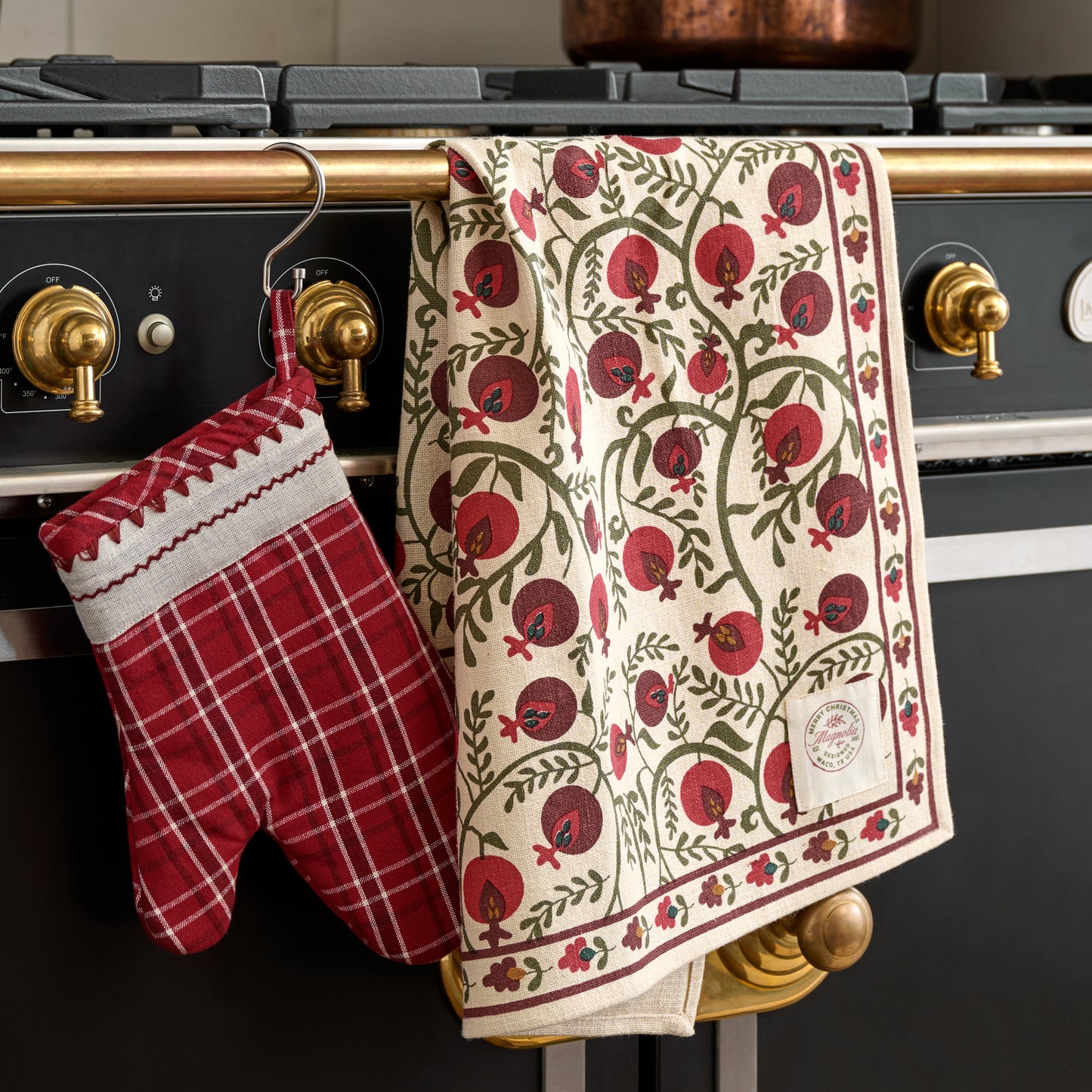 Magnolia Vintage Red Plaid Oven Mitt and Pot Holder at the stove