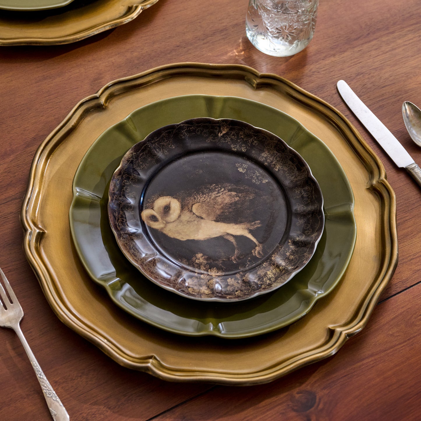 Enchanted Forest Owl Dessert Plate shown set on table