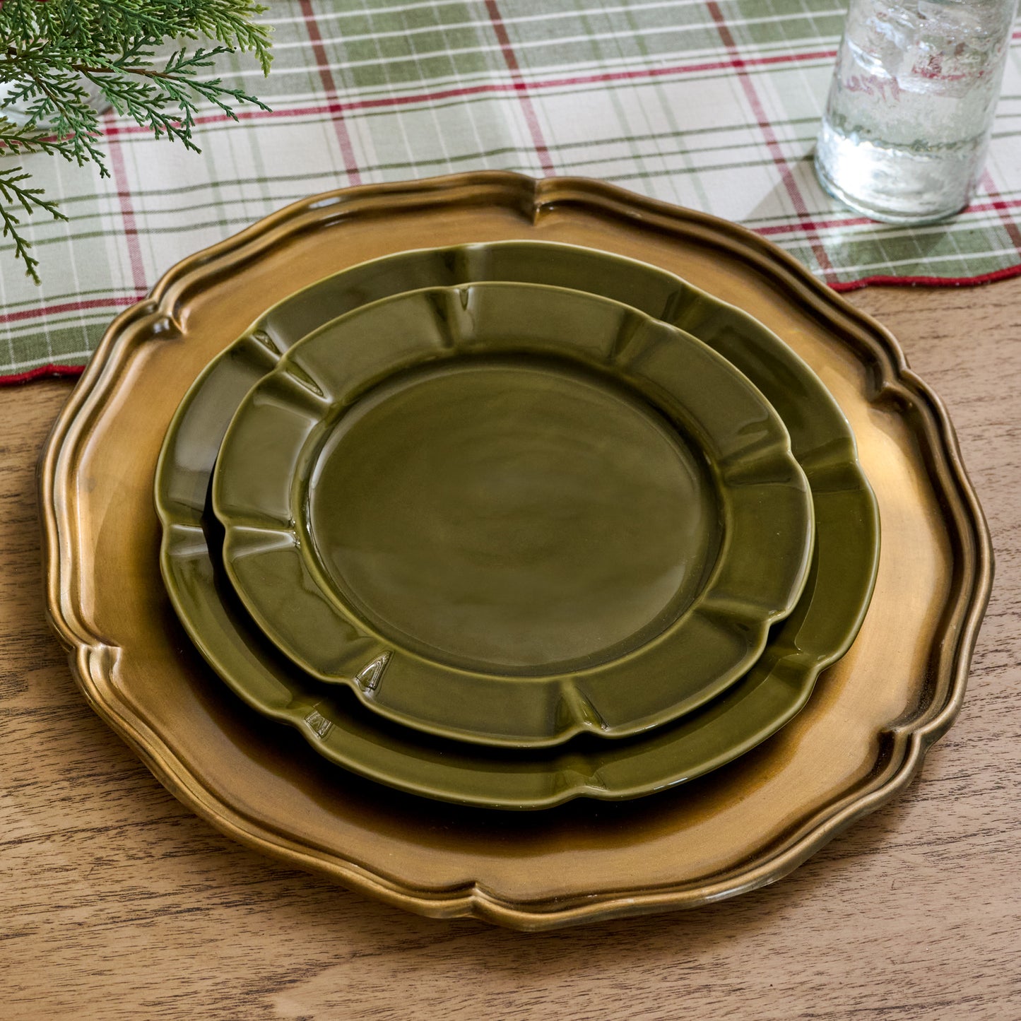 Fern Green Luna Scalloped Salad and Dinner Plates shown stacked on holiday tablescape