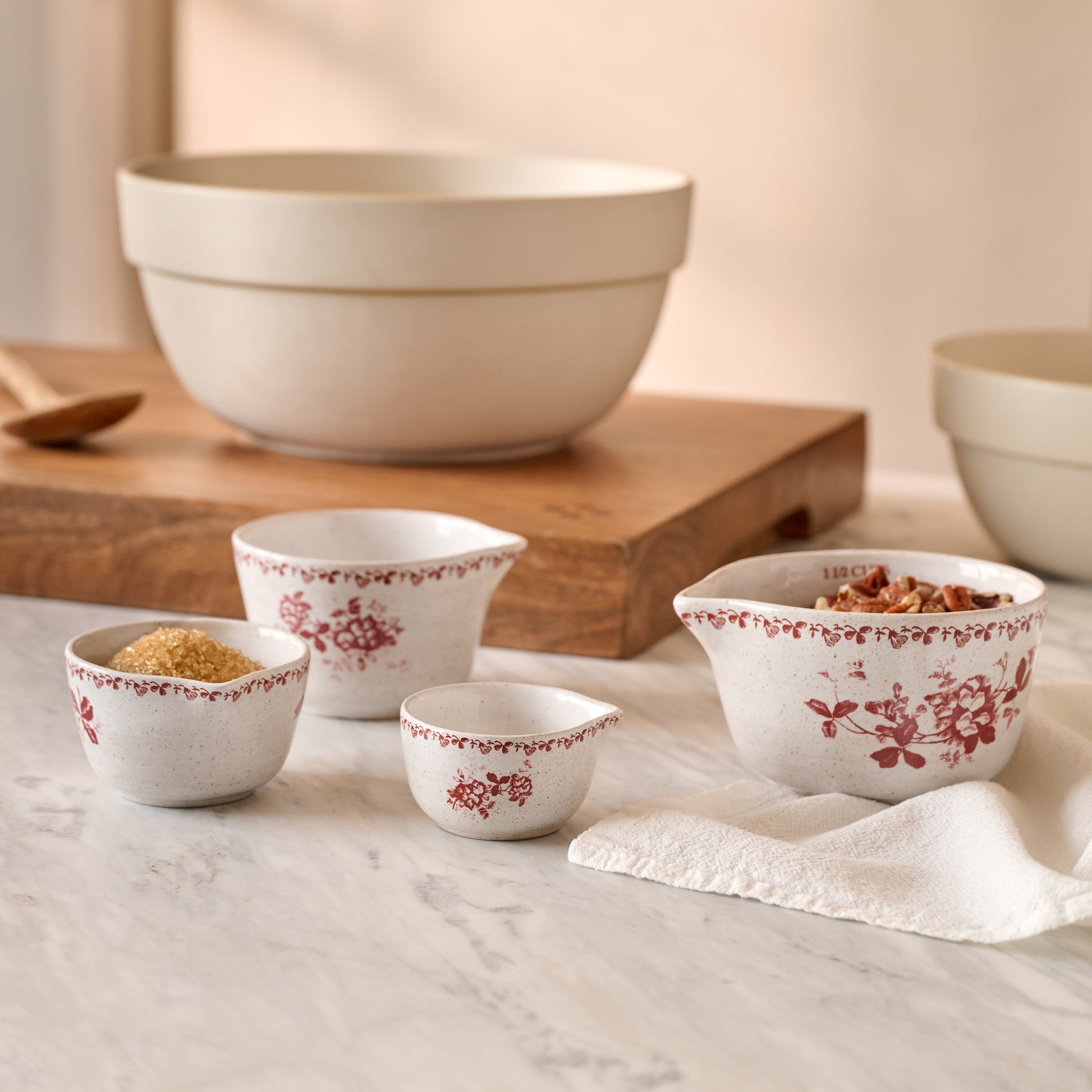 Heirloom Garden Scarlett Floral Measuring Cup Set shown with ingredients