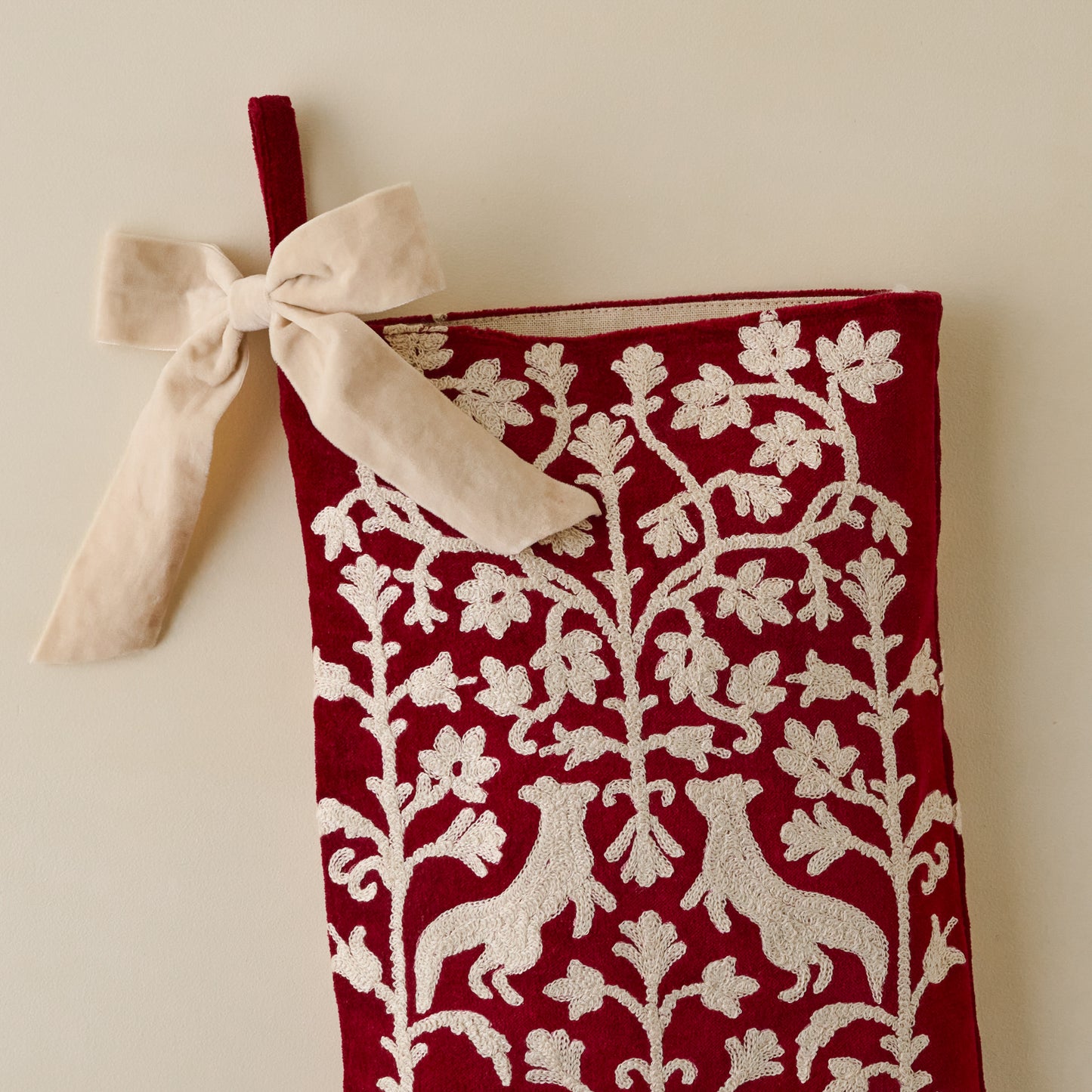 Syrah Enchanted Forest Embroidered Velvet Stocking up close