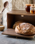 Antiqued Wood Carved Bread Box with bread inside